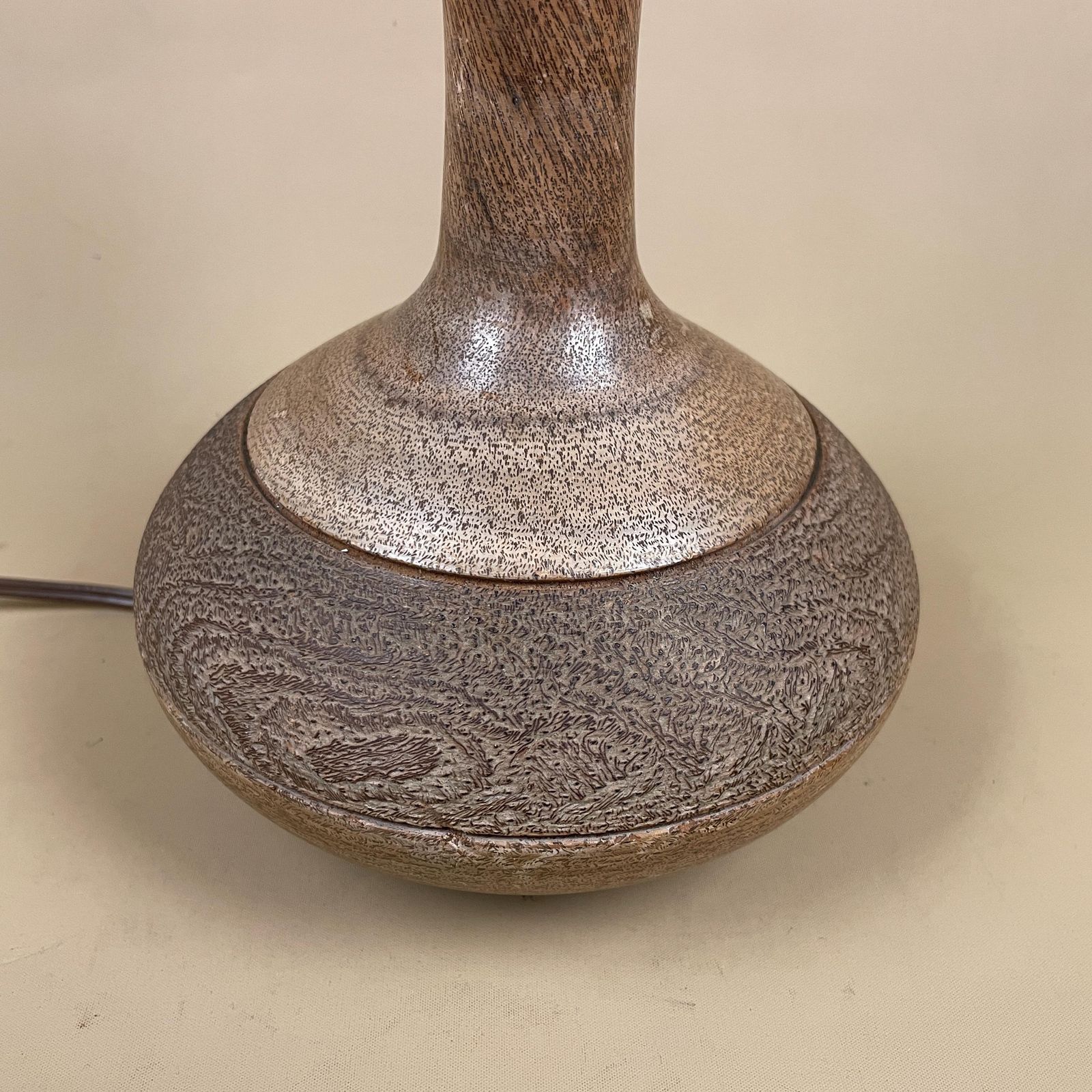 Hand Carved Wood Lamp Wooden Light Bedside Table Farmhouse Cottage Brown Antique Handmade Old Round Base Classic Patterned Vintage photo for sale