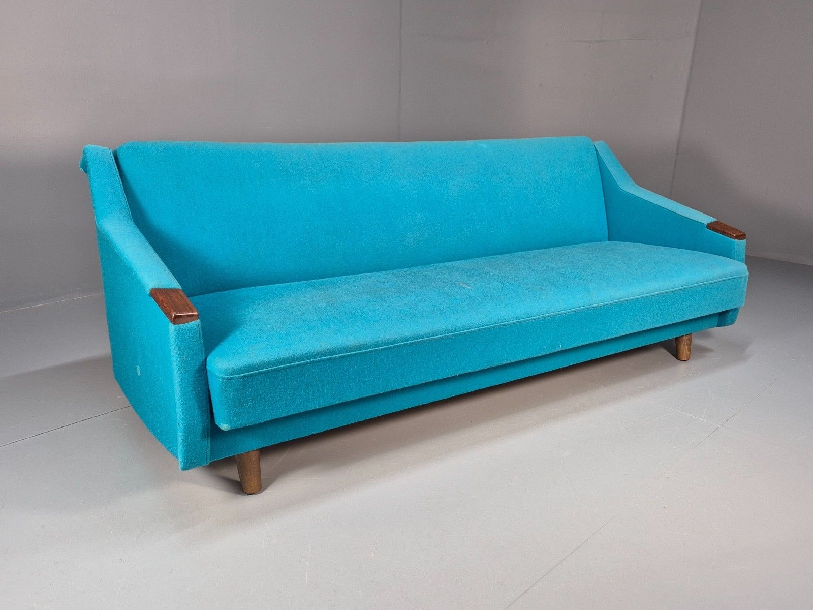 Vintage Danish 1960s Sofa Bed Blue Wool Upholstery Teak Paws Retro Eb10458 M3ss photo furniture