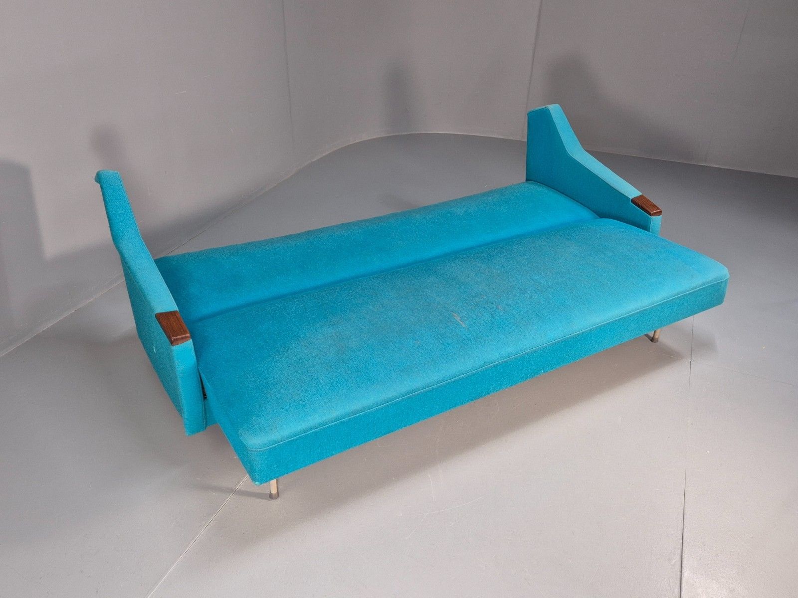 450.0 Vintage Danish 1960s Sofa Bed Blue Wool Upholstery Teak Paws Retro Eb10458 M3ss photo