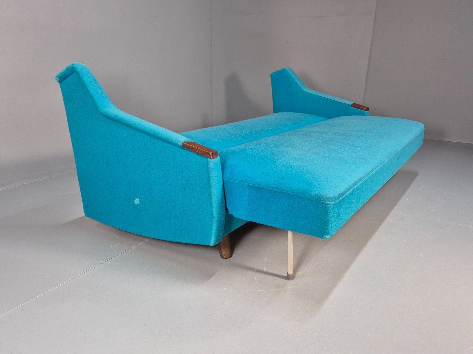 photo buy Vintage Danish 1960s Sofa Bed Blue Wool Upholstery Teak Paws Retro Eb10458 M3ss