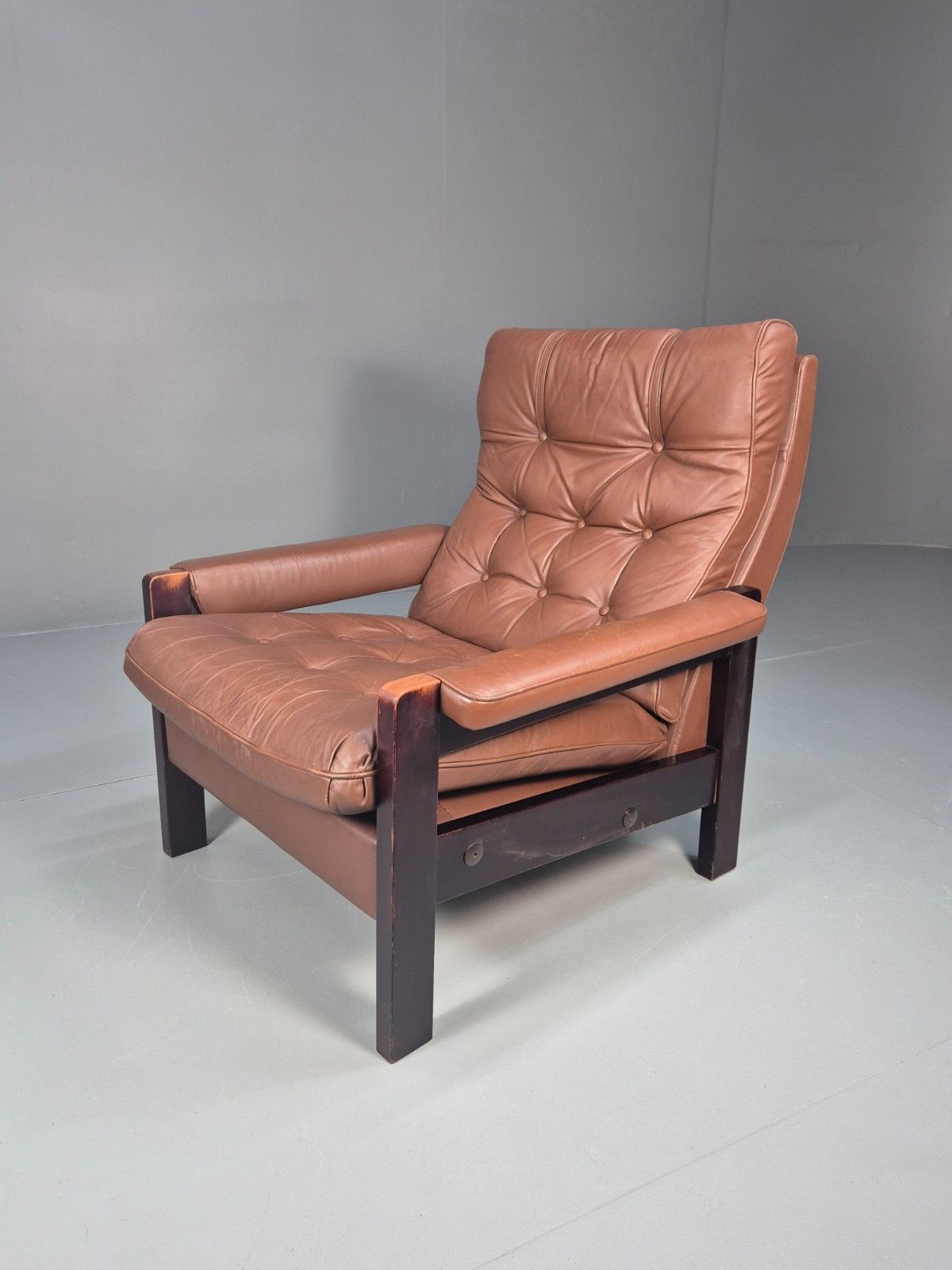 Vintage Danish Hardwood And Brown Leather Lounge Chair 1970s Retro Eb10322 Mnor
