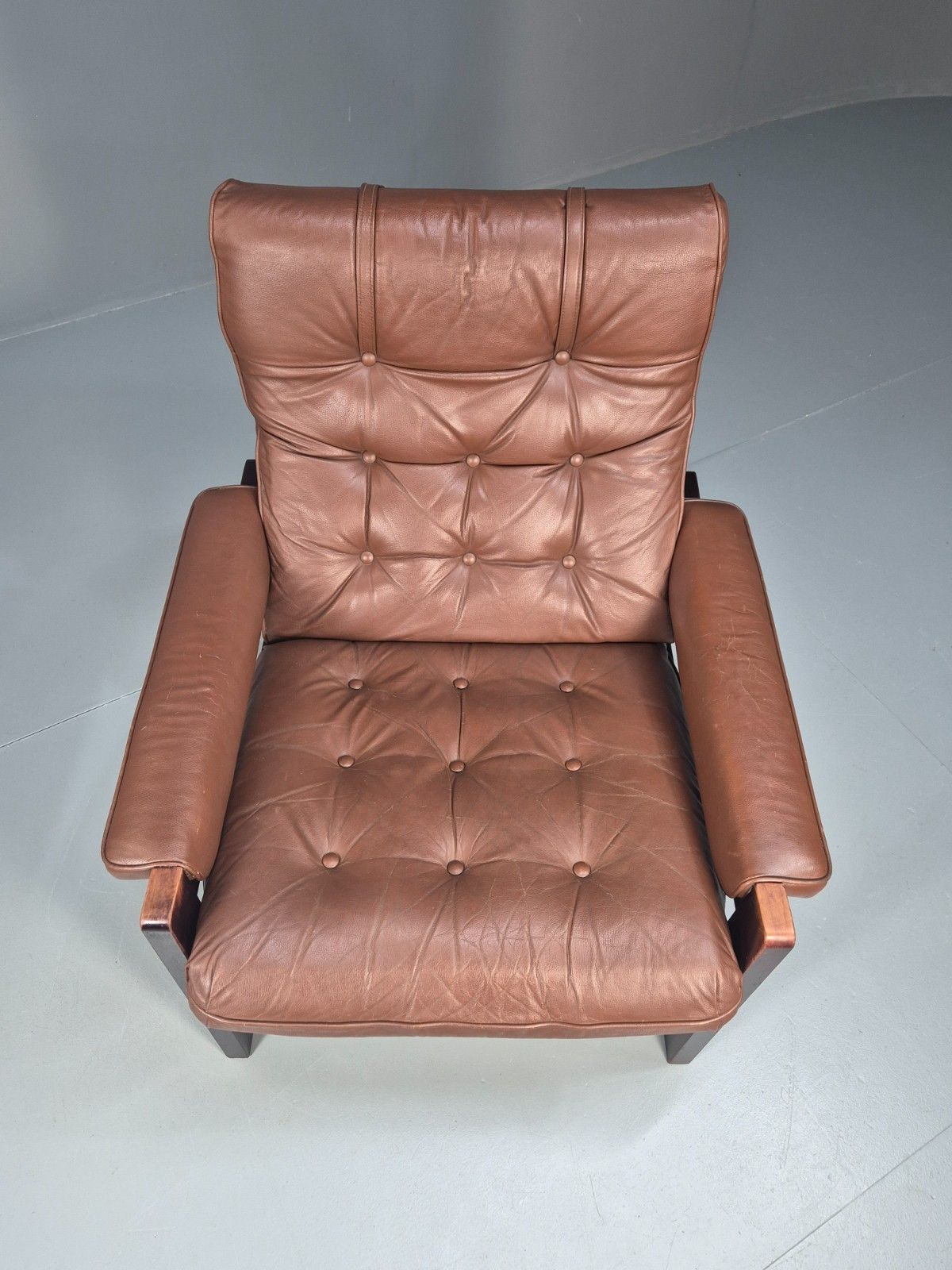 Vintage Danish Hardwood And Brown Leather Lounge Chair 1970s Retro Eb10322 Mnor photo for sale