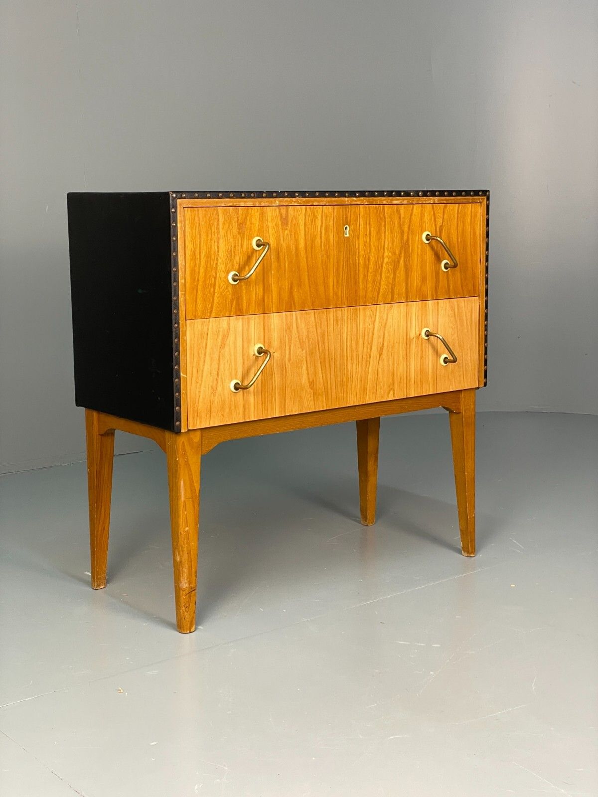 Vintage Bedside Cabinet Oak Studded Vinyl 1950s Mid Century Drawers Eb7954 Mwoo photo for sale