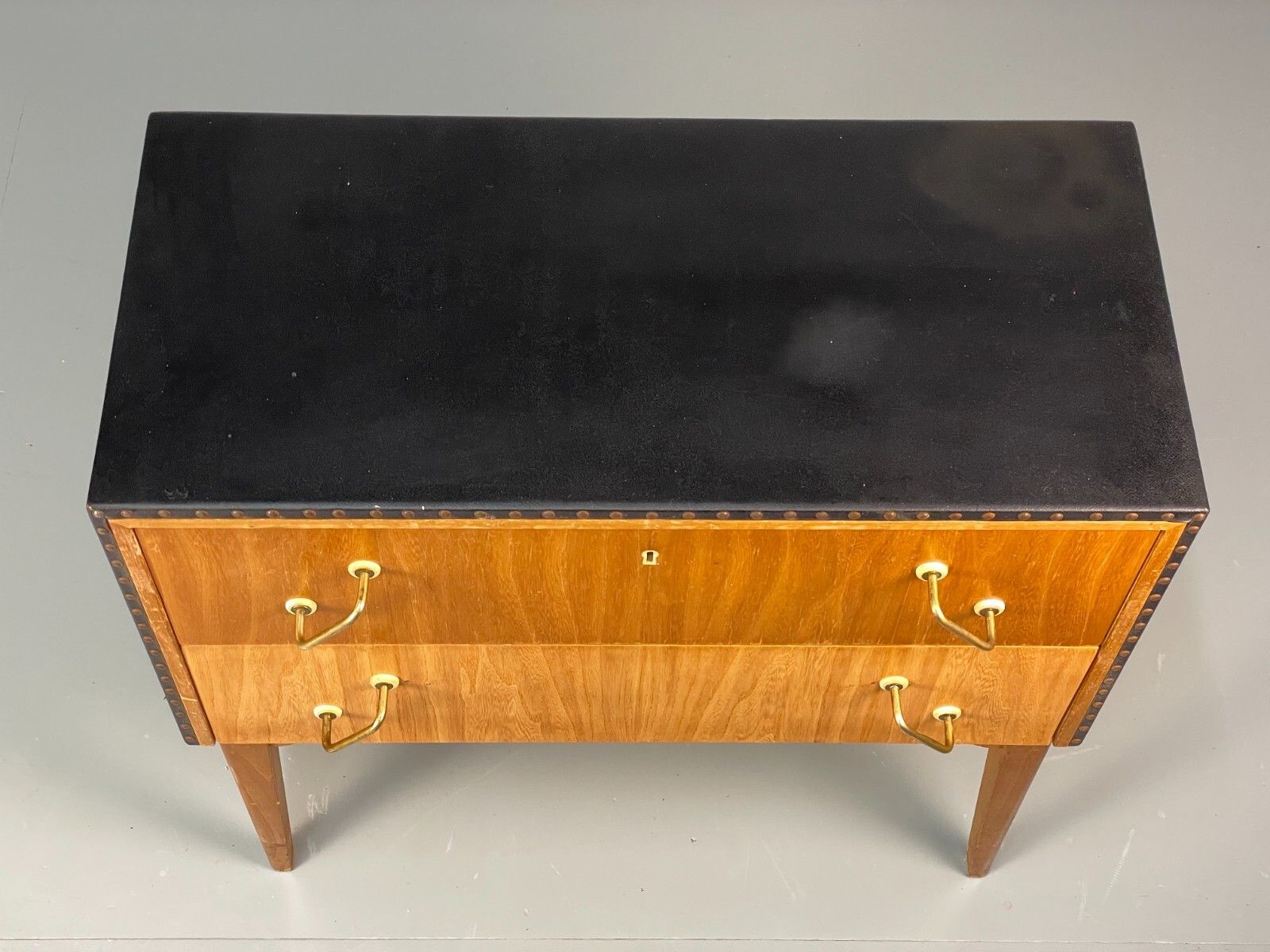 Vintage Bedside Cabinet Oak Studded Vinyl 1950s Mid Century Drawers Eb7954 Mwoo photo vinterior