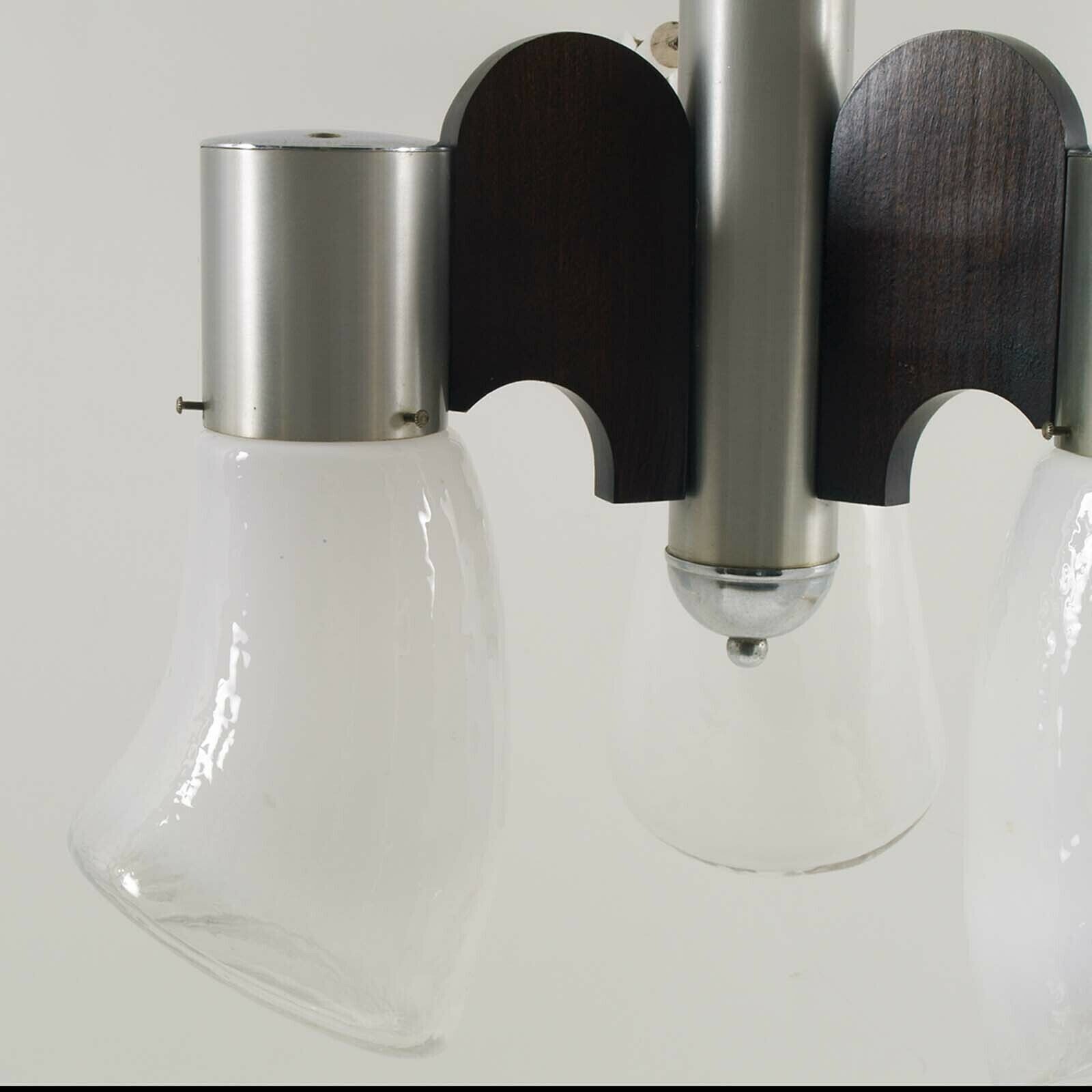 Stainless Steel & Wood Pendant  By Gaetano Sciolari For Mazzega, Murano Glass photo vinterior