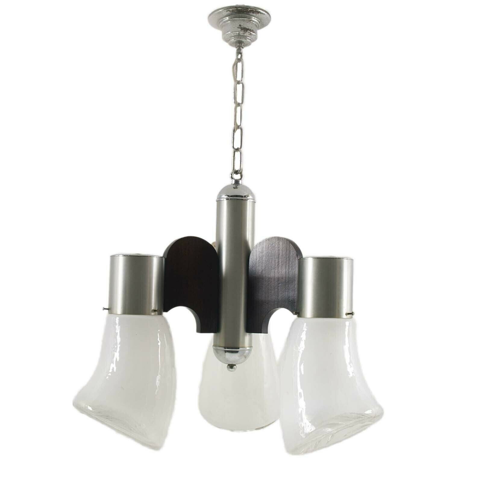 Stainless Steel & Wood Pendant  By Gaetano Sciolari For Mazzega, Murano Glass