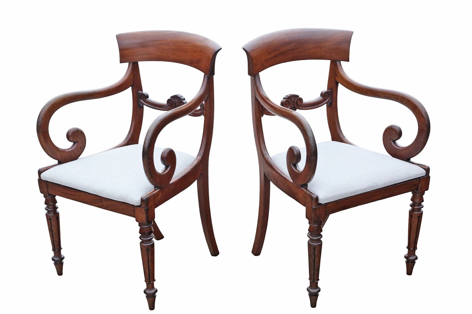 Antique 19th Century Pair Of Mahogany Scroll Arm Carver Dining Chairs – Fine Quality Elbow Chair photo for sale