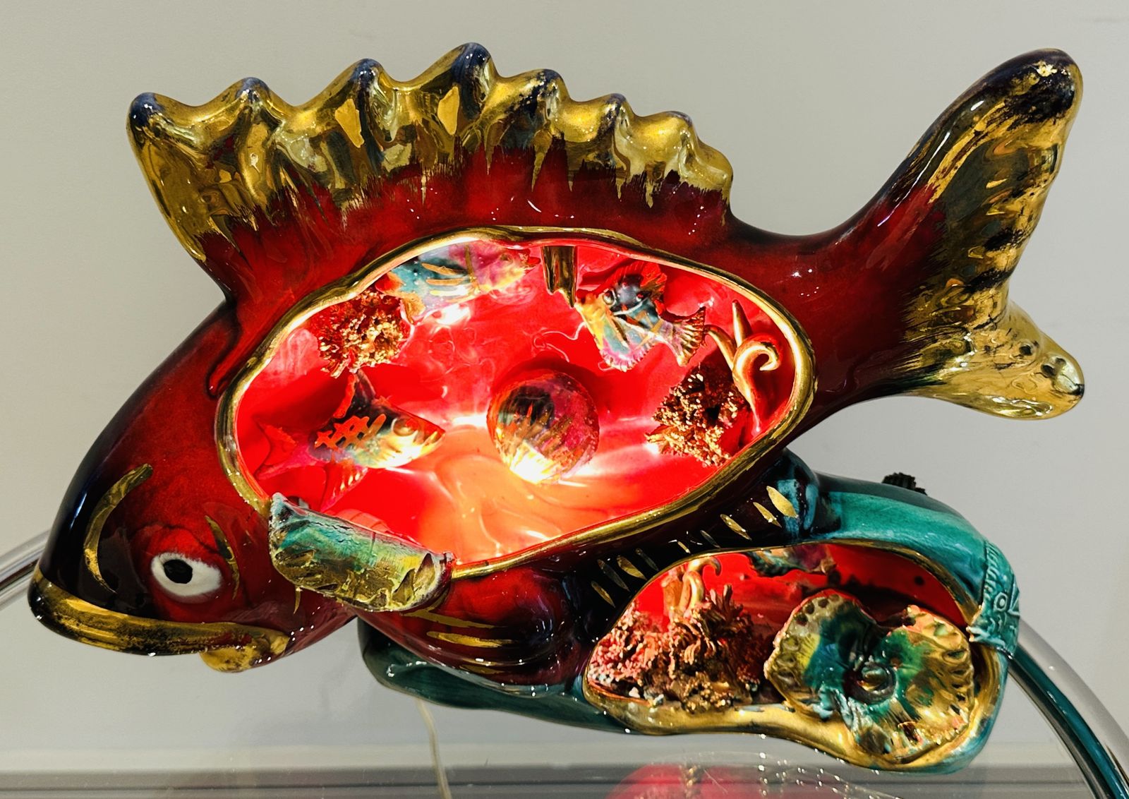 Vintage 1960s French Vallauris Glazed Ceramic Red & Gold Glazed Fish Aquarium Table Lamp photo for sale