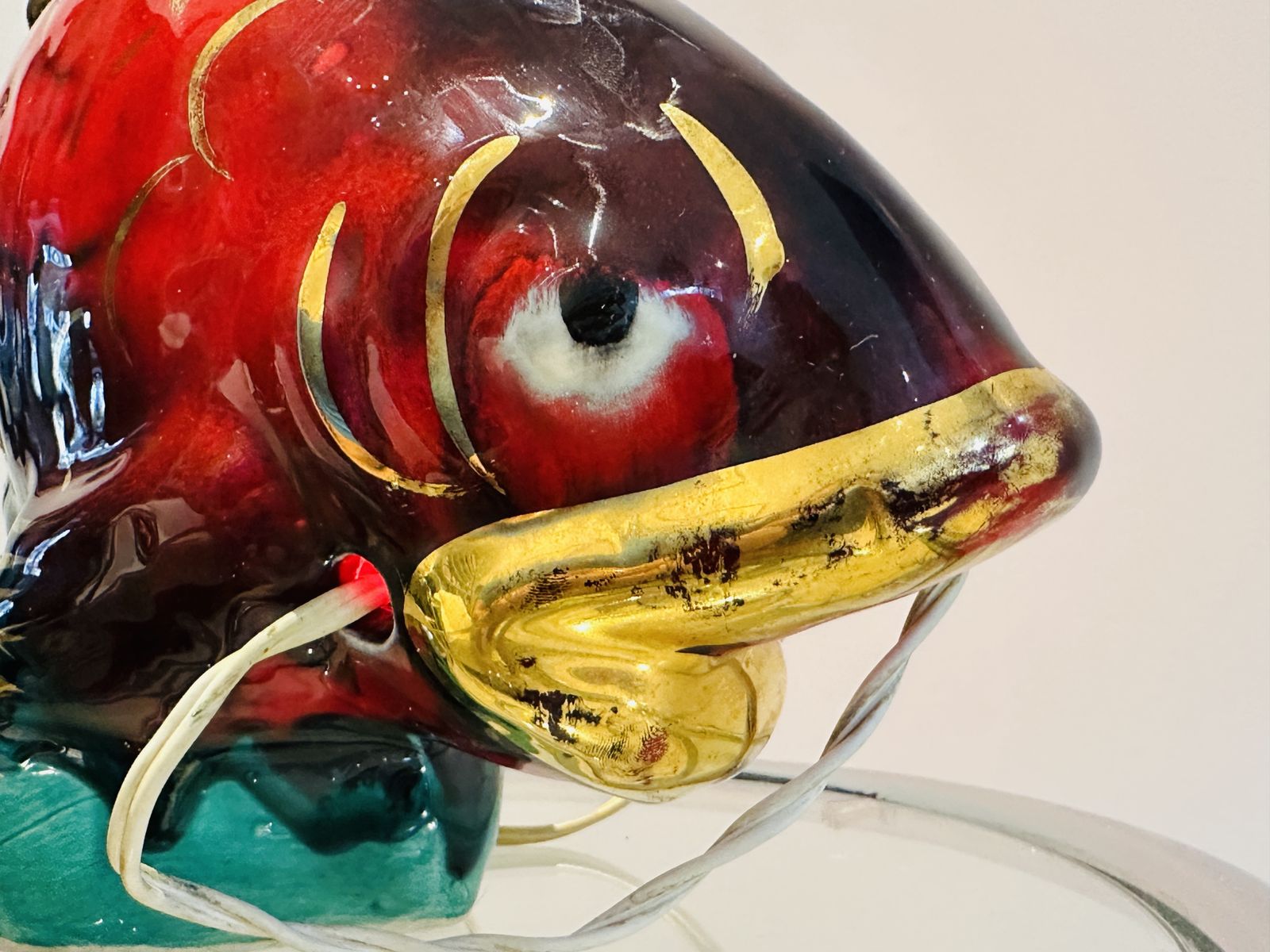 Vintage 1960s French Vallauris Glazed Ceramic Red & Gold Glazed Fish Aquarium Table Lamp photo vintage