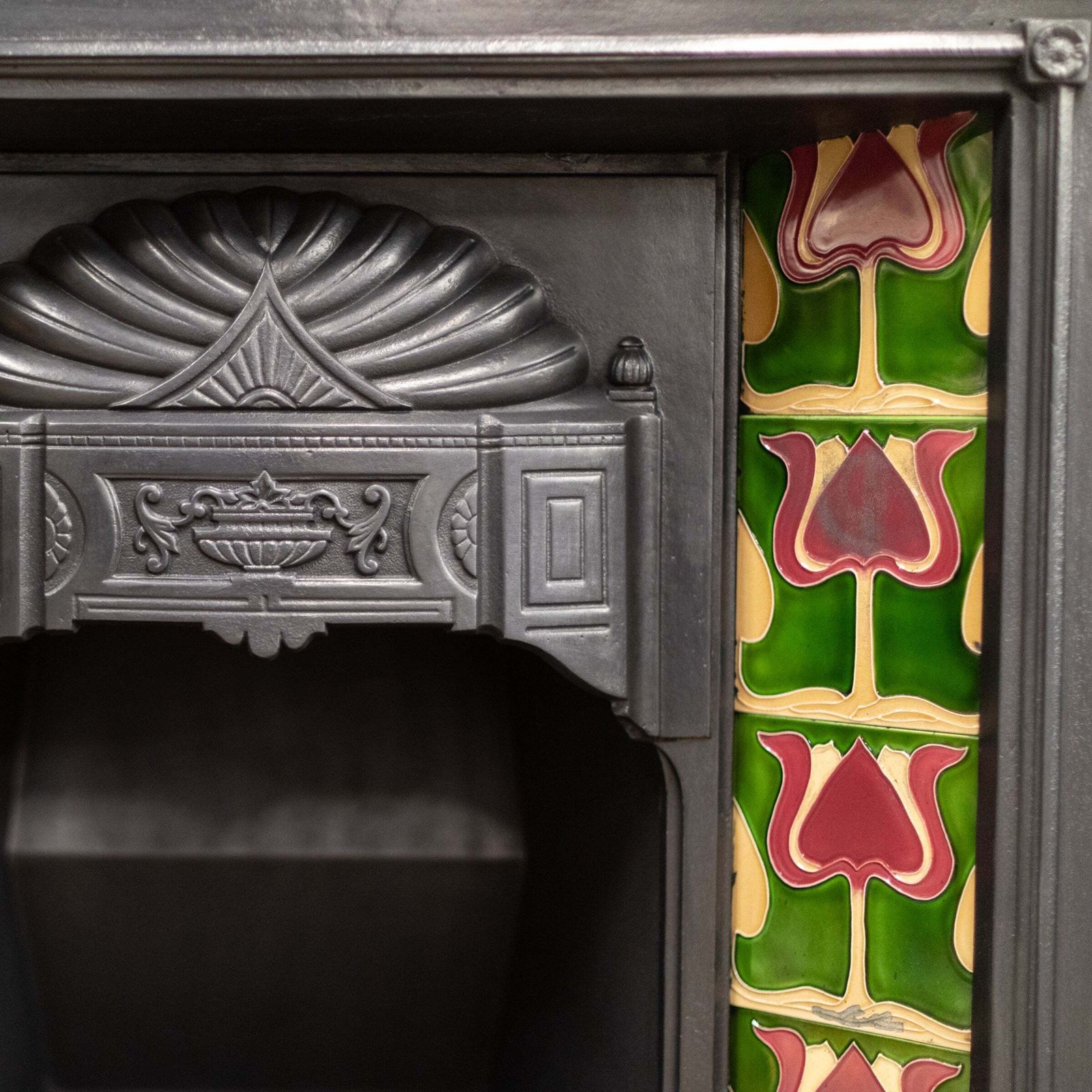 photo furniture Antique Art Nouveau Combination Fireplace With Green & Red Tiles