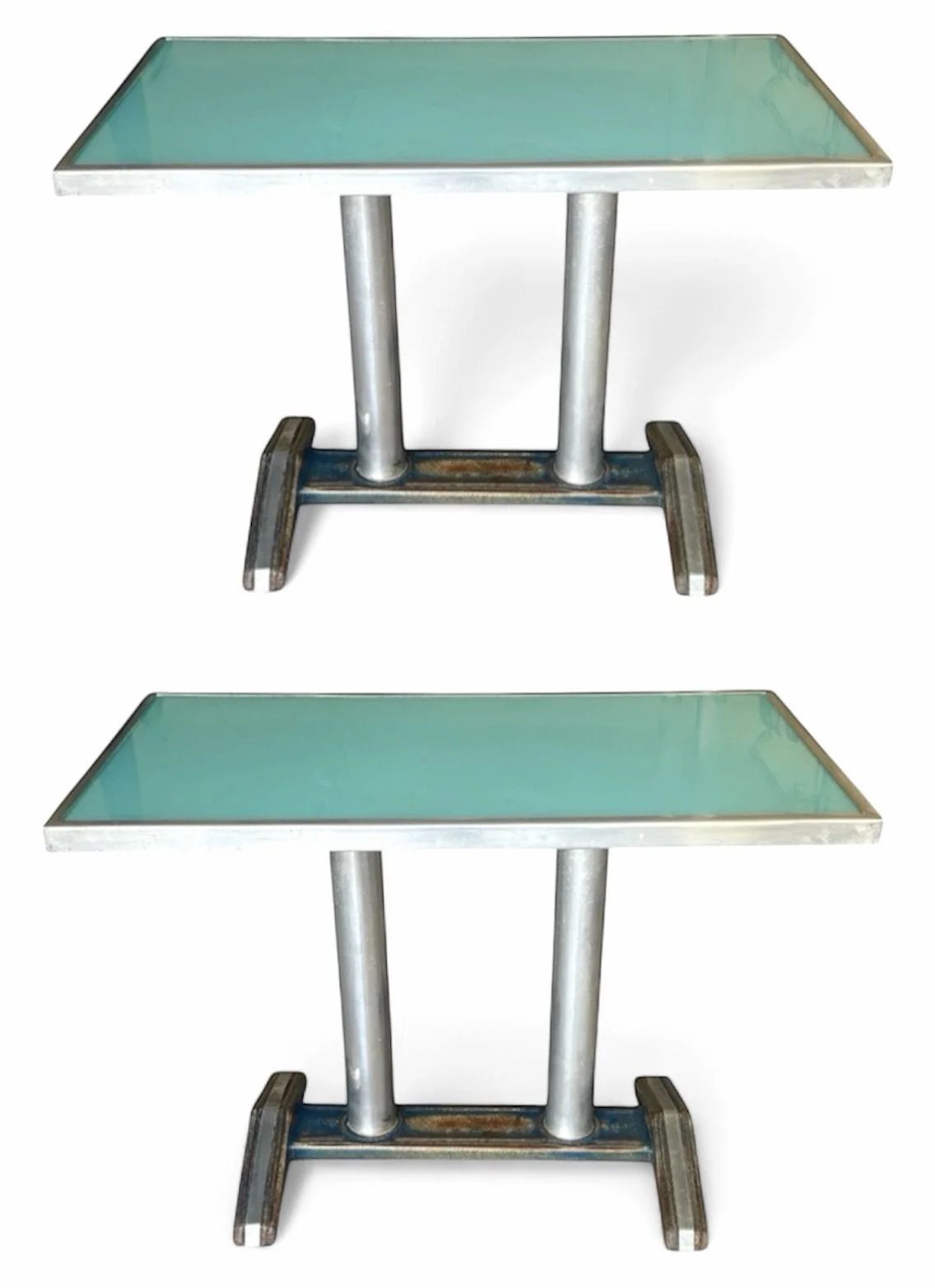A Pair Of 1950s French Glass Topped Aluminium Sky Blue Console Tables photo furniture