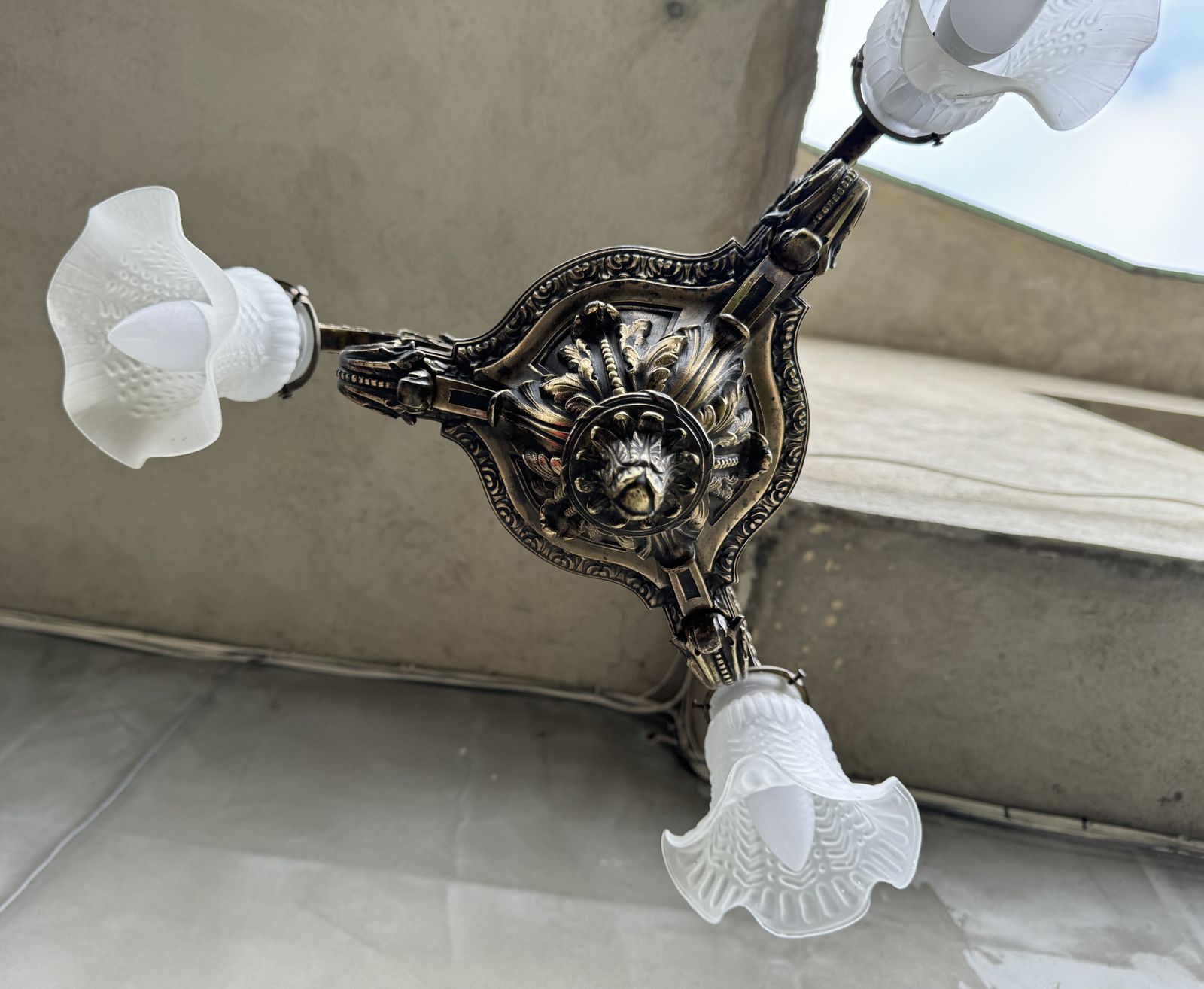 Antique French Brass Chandelier With Frosted Glass Tulip Shades, Rococo Revival, Early 20th Century photo furniture