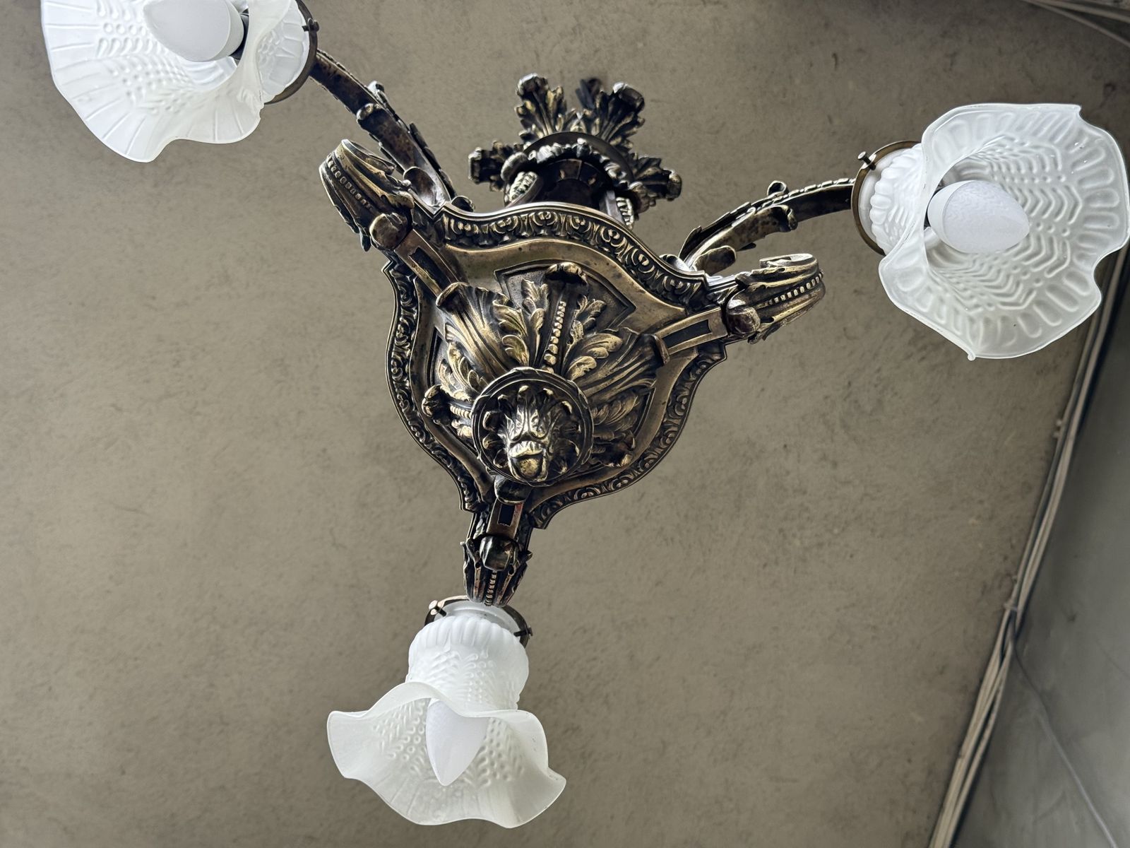 Antique French Brass Chandelier With Frosted Glass Tulip Shades, Rococo Revival, Early 20th Century photo Lighting