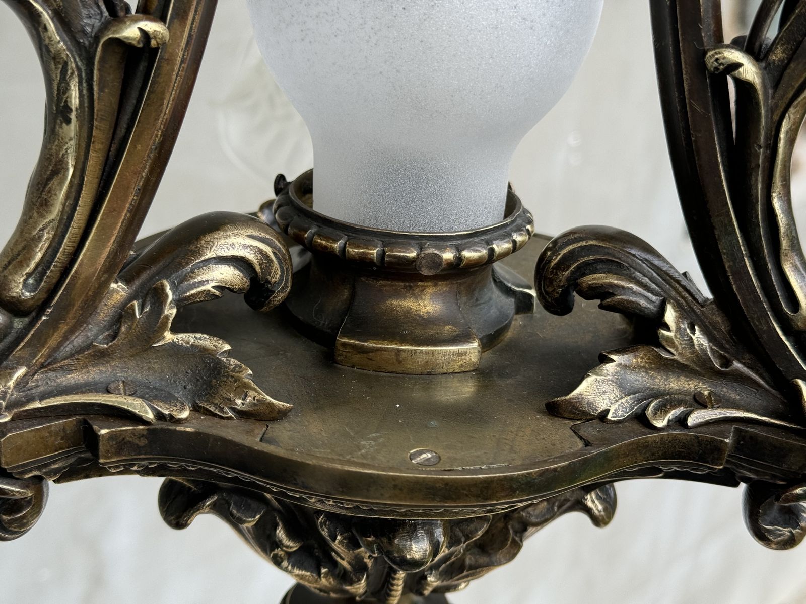 photo furniture Antique French Brass Chandelier With Frosted Glass Tulip Shades, Rococo Revival, Early 20th Century