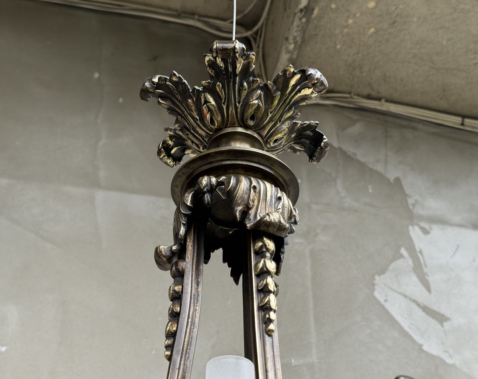 photo buy Antique French Brass Chandelier With Frosted Glass Tulip Shades, Rococo Revival, Early 20th Century