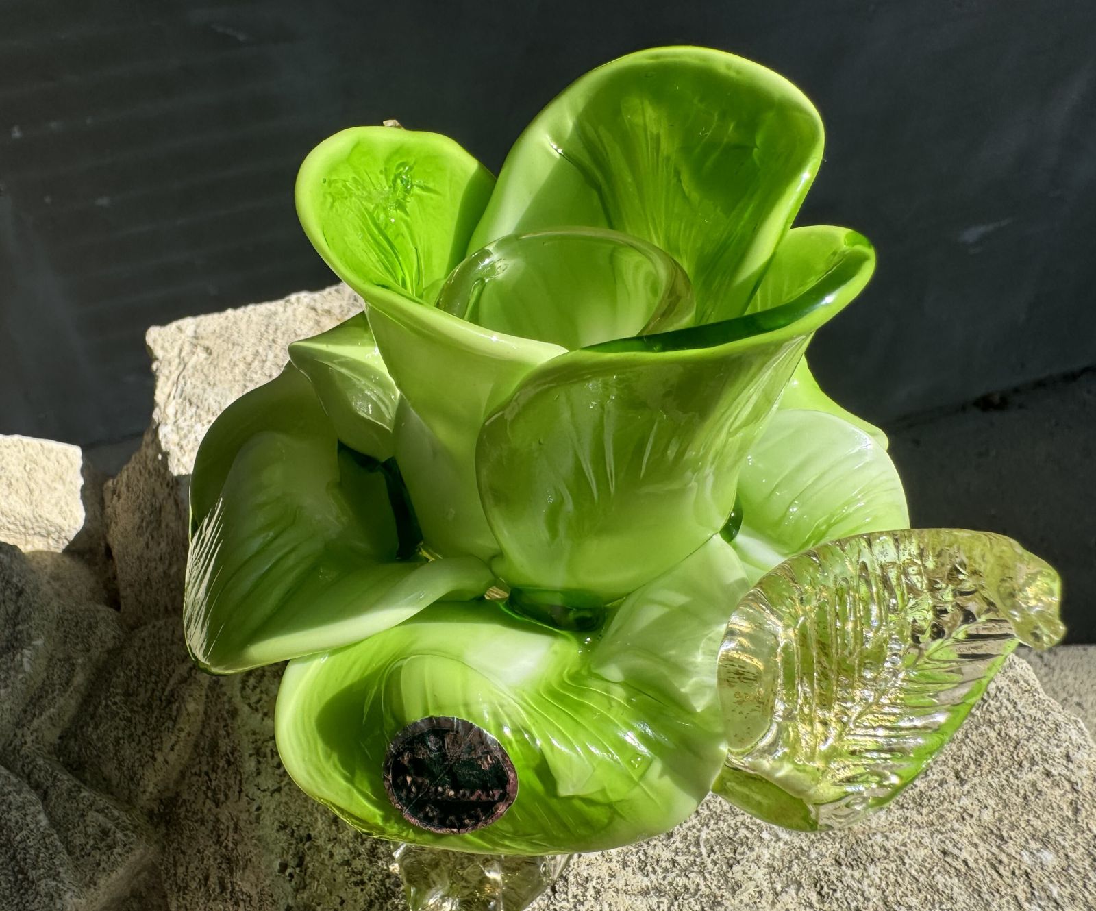 Pair Of Green Murano Glass Flower Candle Holders With Gold Aventurine, Italy C.1970s photo Home Decor