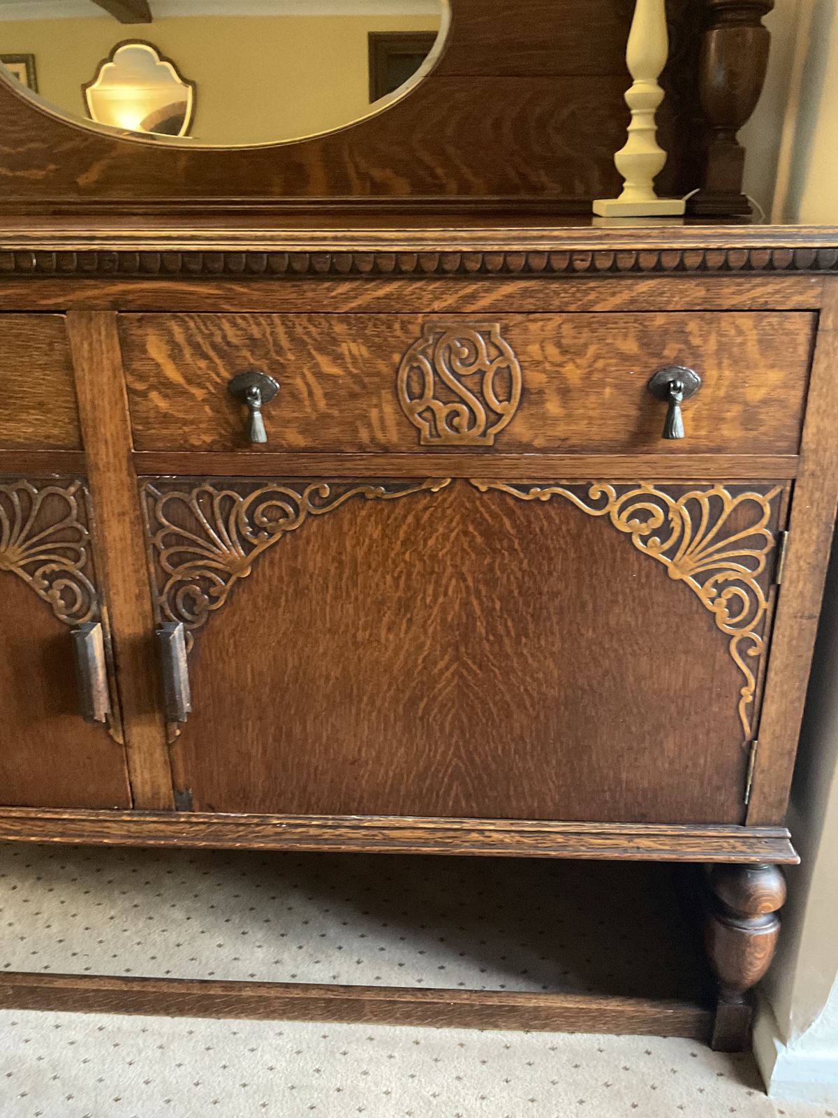 Early 1900 Sideboard In Oak With Ornate Oval Mirrored Upstand, 2 Doors 2 Drawers photo Furniture