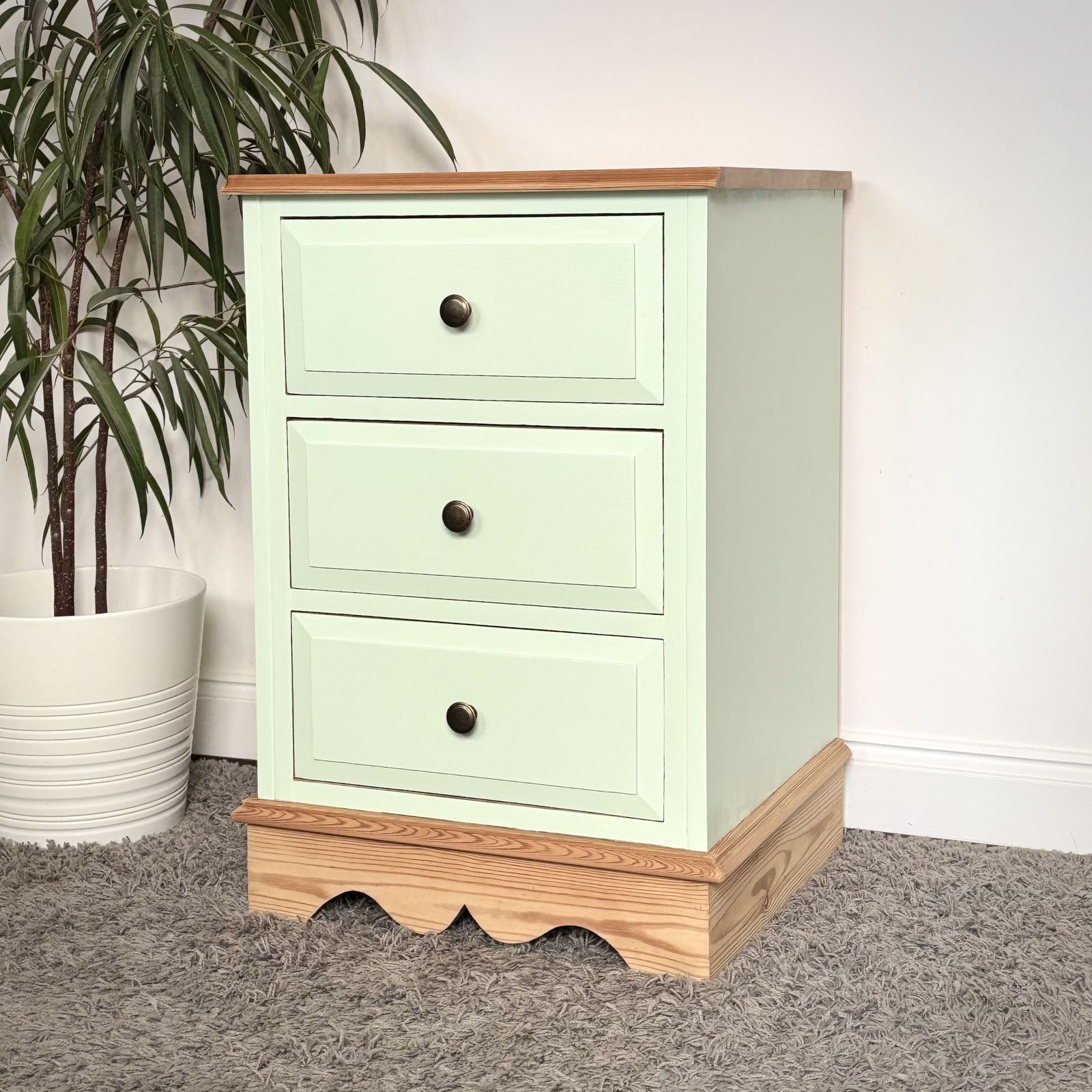 Sage Green Bedside Table – Rustic Pine Top, 3 Drawers