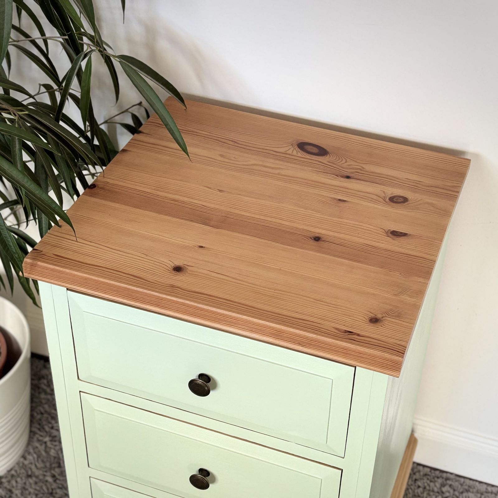 Sage Green Bedside Table – Rustic Pine Top, 3 Drawers photo furniture