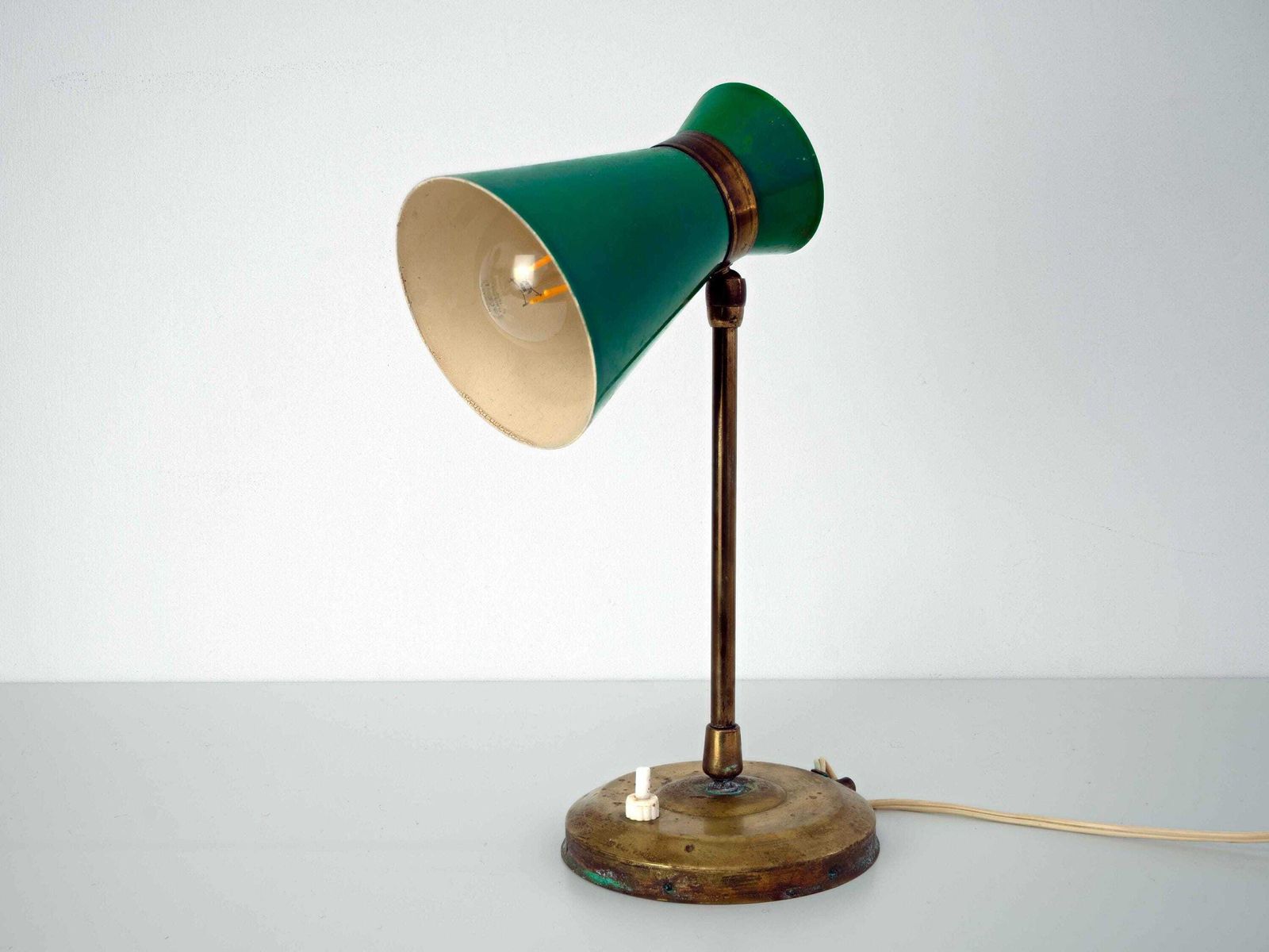 Vintage French Brass Desk Lamp With Green Lampshade: Adjustable Neck Mid Century Modern Lighting 1950s