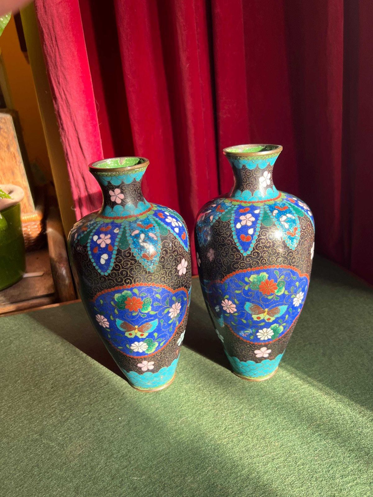 Pair Of Vintage Antique Cloisonne Vases. Matching Pair With Intricate Flowers And Butterflies. Sold As Pair Happy To Separate.