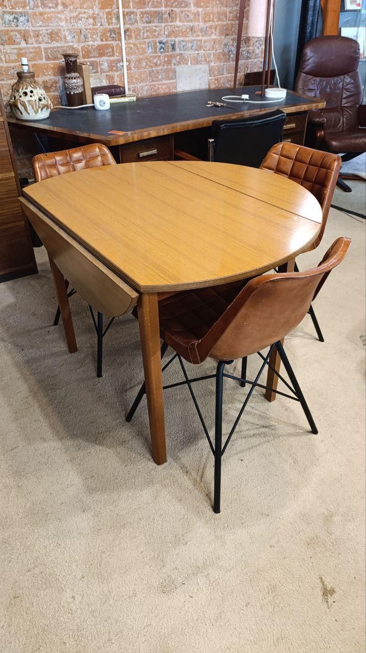 Vintage 1970s Drop Leaf Dining Table With Four Mid Century Style Leather Chairs photo buy