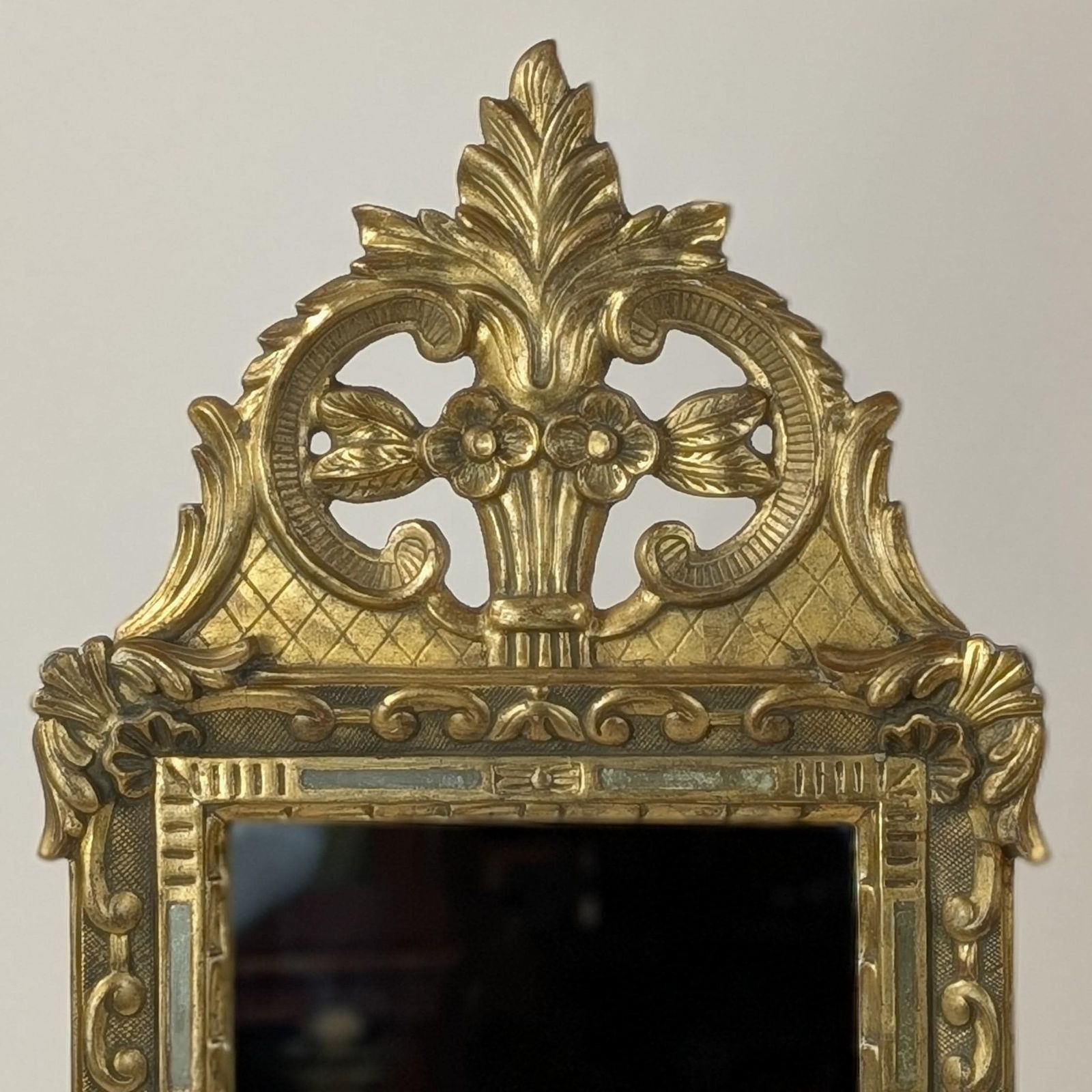 photo for sale Italian Florentine Giltwood Mid Century Rococo Style Wall Accent Mirror, Ornate Gold Tabernacle Hollywood Regency Frame From Italy