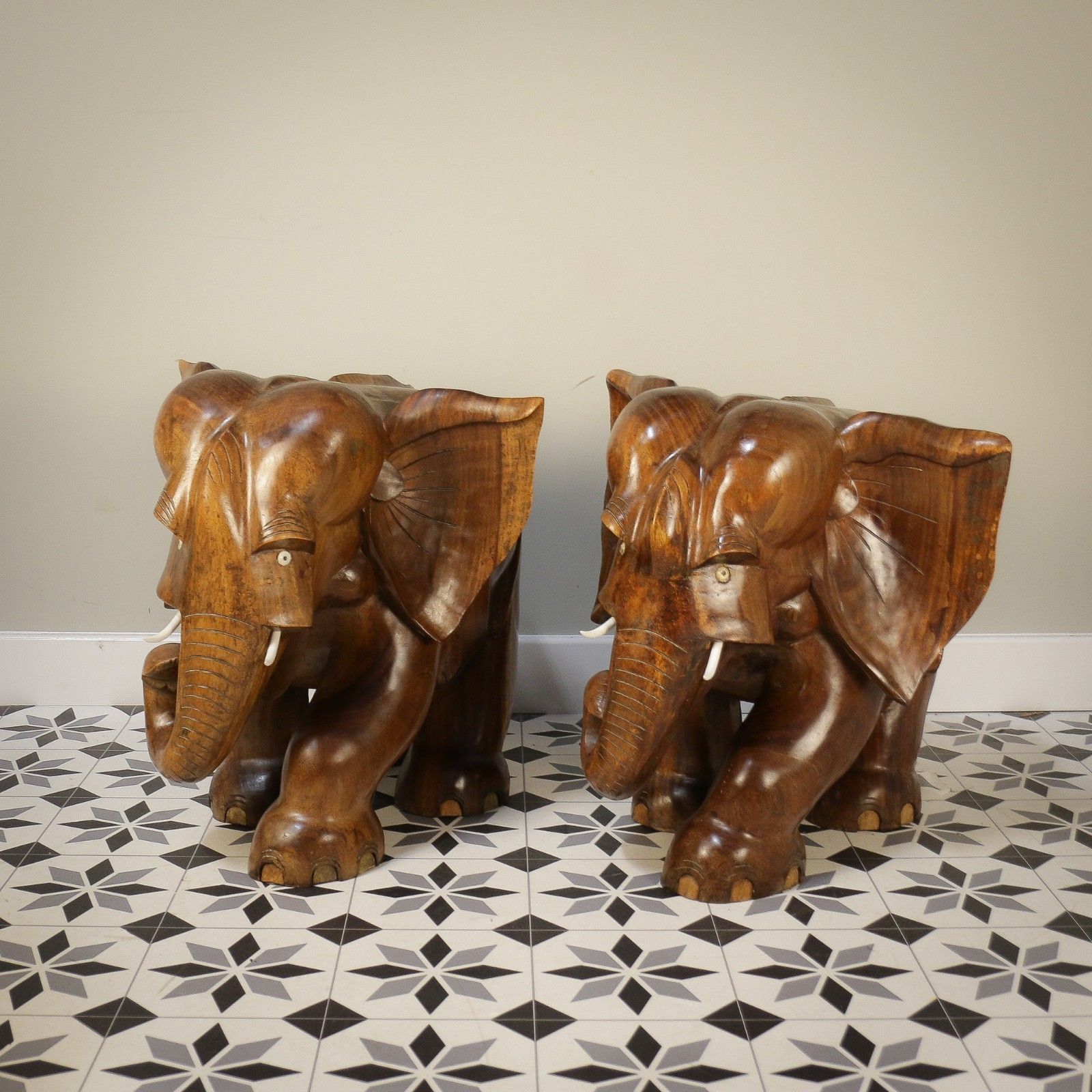695.0 A Pair Of Large Teak Elephants Mid Century 57cm 22.5inches High photo