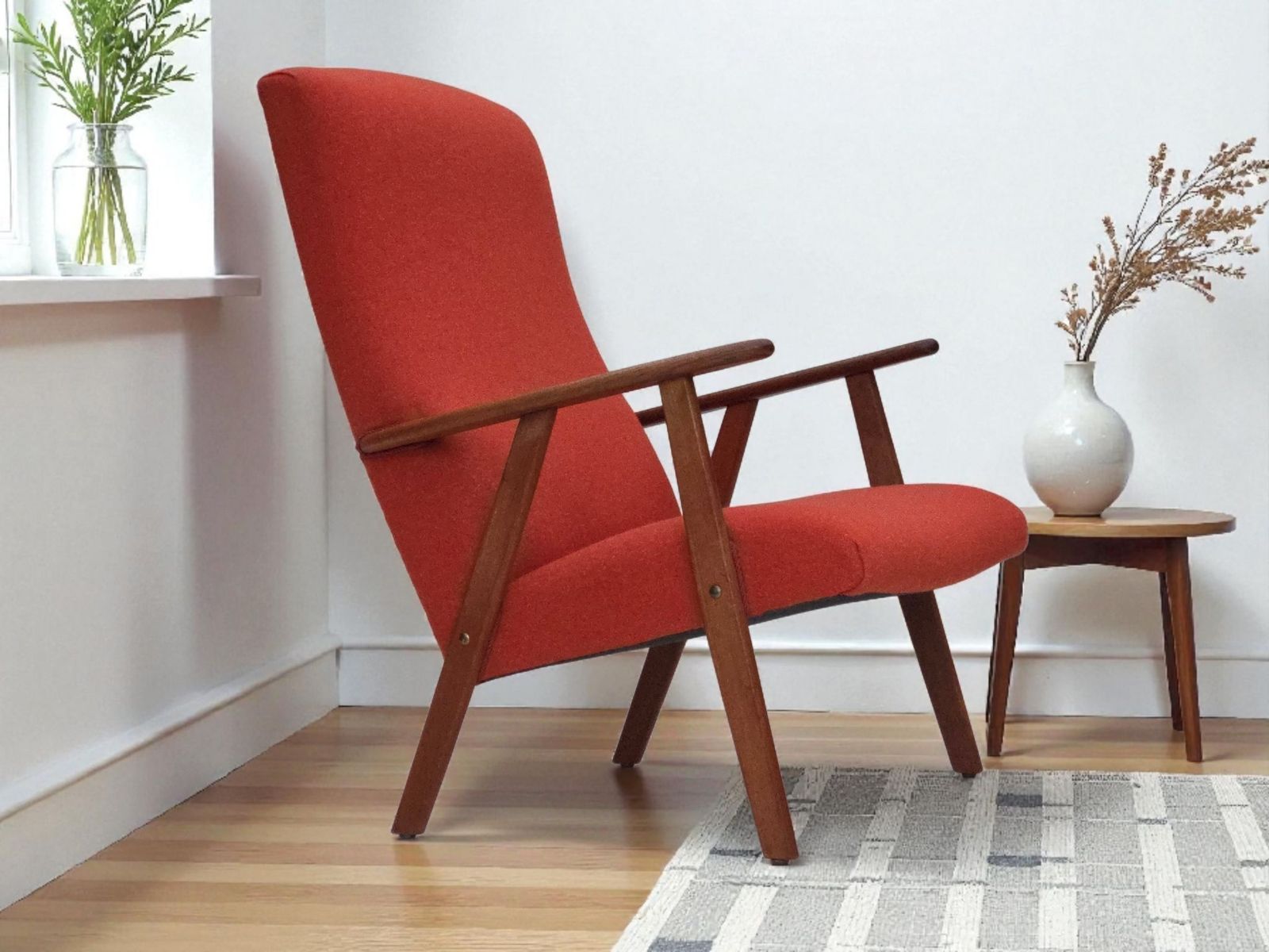 1970s, Danish Highback Armchair, Orange Furniture Wool, Teak Wood, Oak Wood.