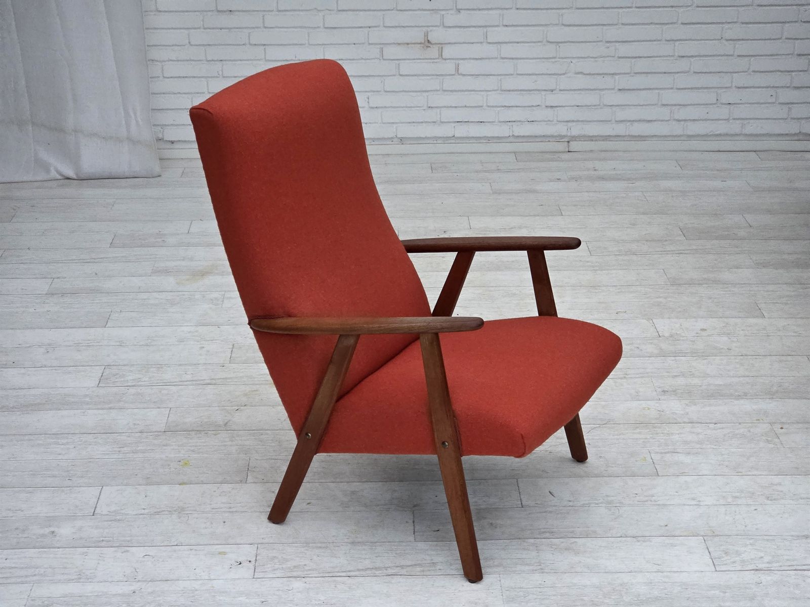 1970s, Danish Highback Armchair, Orange Furniture Wool, Teak Wood, Oak Wood. photo furniture