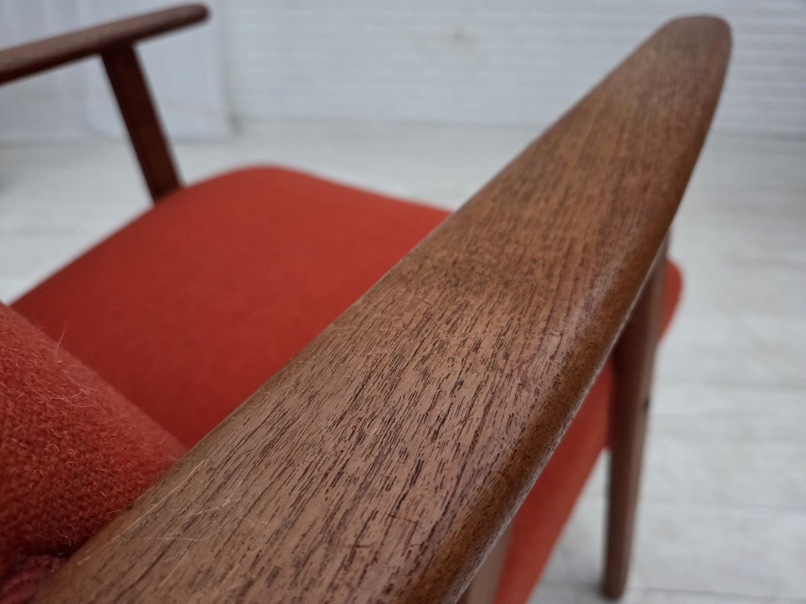 1970s, Danish Highback Armchair, Orange Furniture Wool, Teak Wood, Oak Wood. photo vinterior