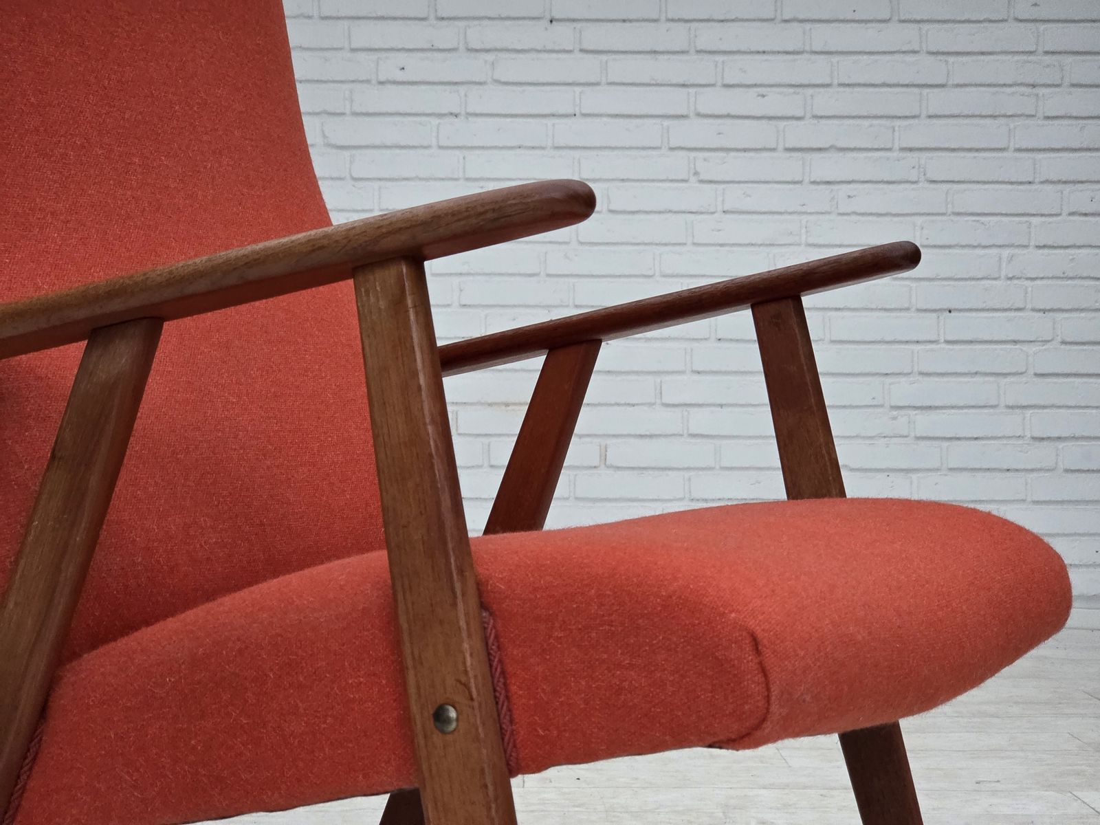 photo furniture 1970s, Danish Highback Armchair, Orange Furniture Wool, Teak Wood, Oak Wood.