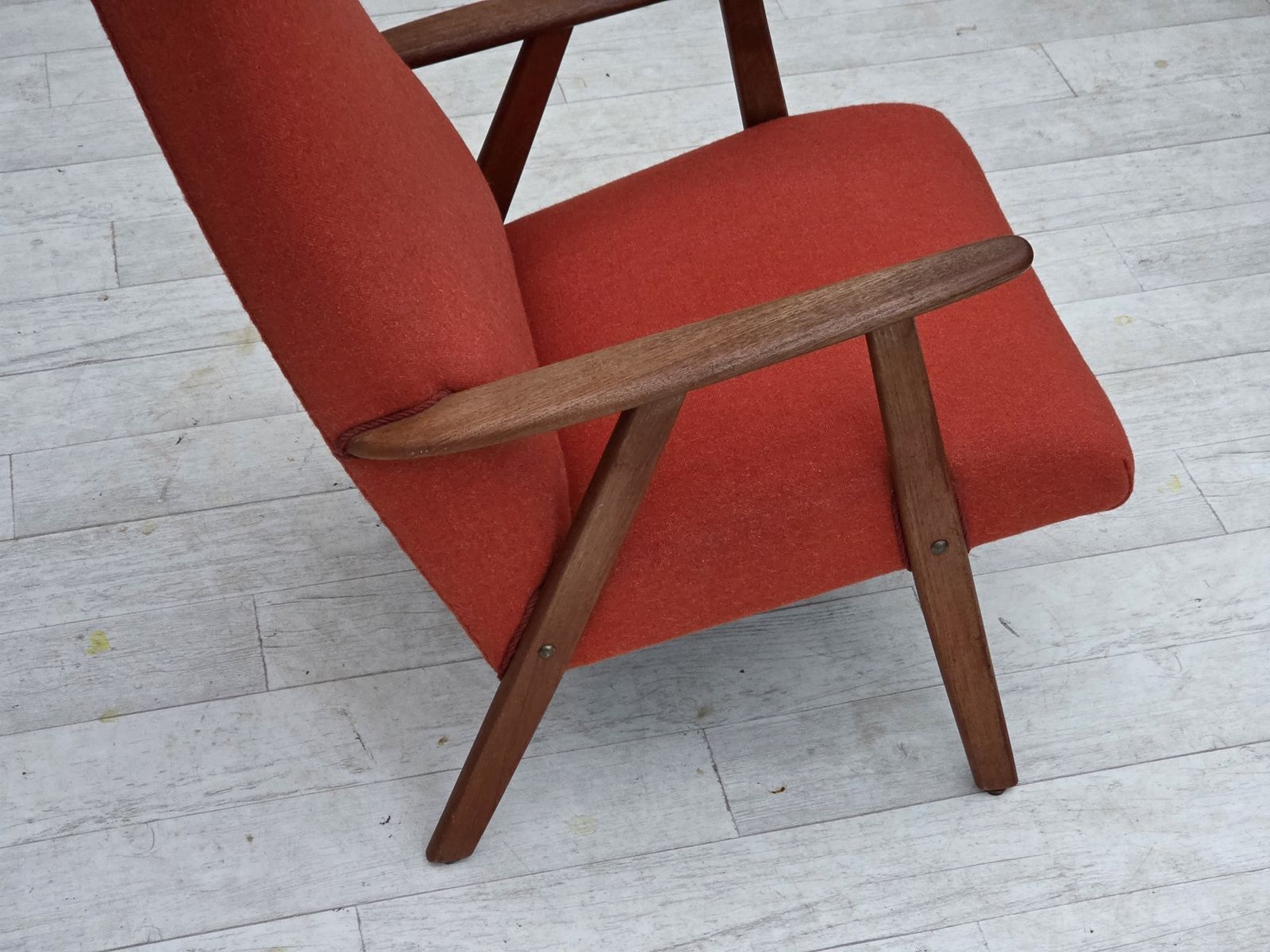 Furniture 1970s, Danish Highback Armchair, Orange Furniture Wool, Teak Wood, Oak Wood. photo