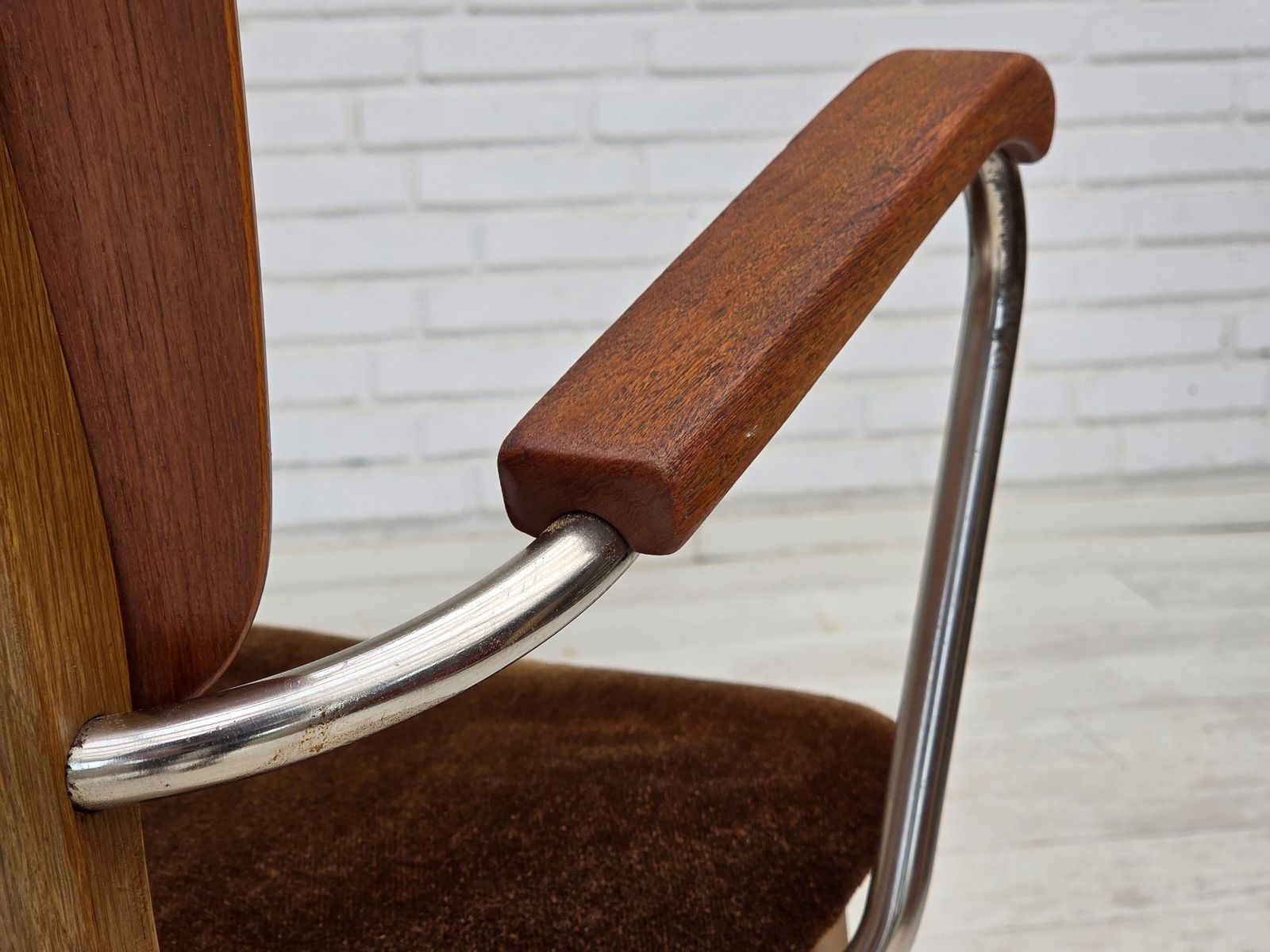1960s, Danish Armchair, Furniture Velour, Teak Wood Armrests, Chrome Steel. photo Furniture
