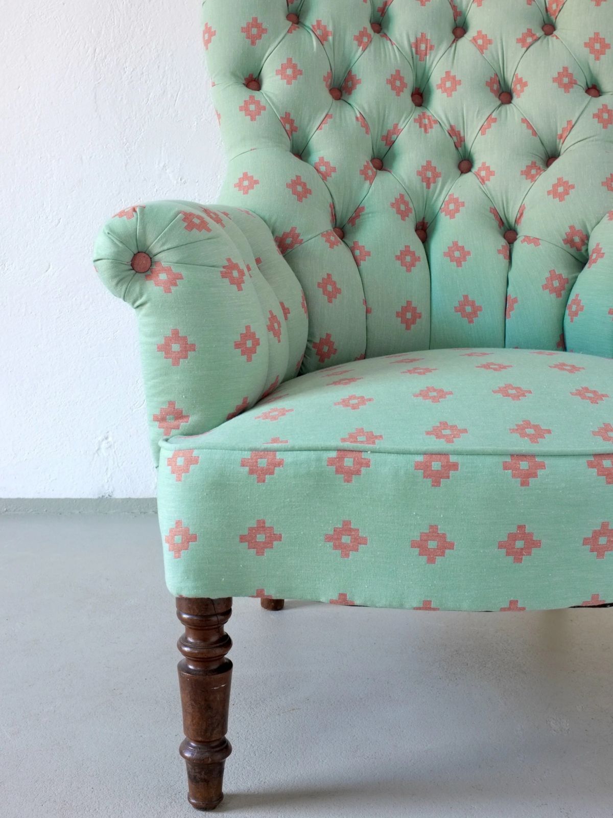 Vintage Green Coral Button Back Armchair | Belgium photo vinterior