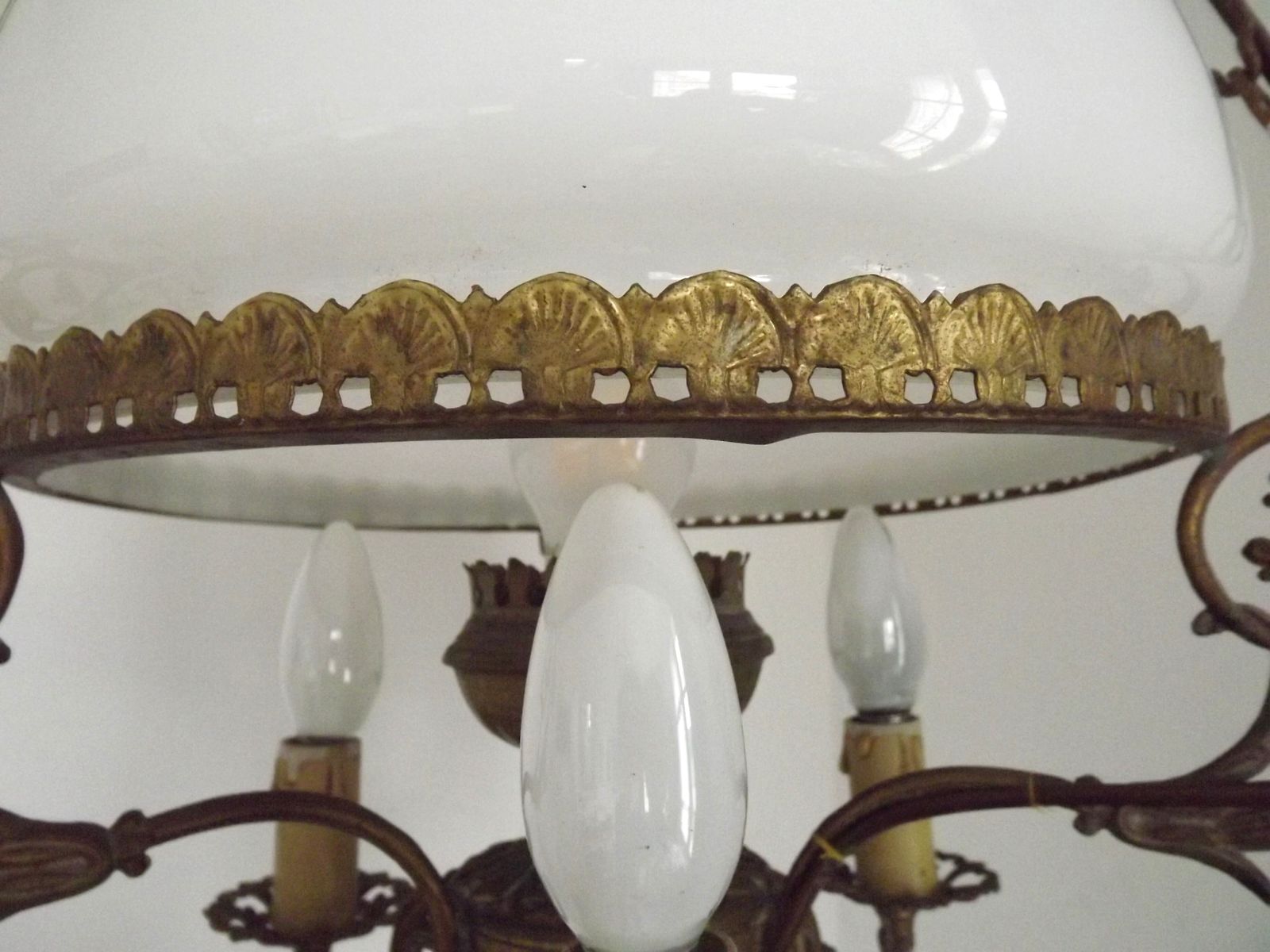 280.0 Antique French Country 4 Light Lantern Hanging Light Opaque Glass Shade & Floral Finial photo