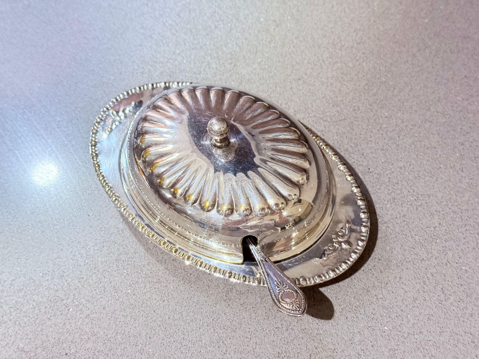 Antique Silver Butter Dish With Crystal Liner & Spoon, Elegant Vintage Tableware photo for sale