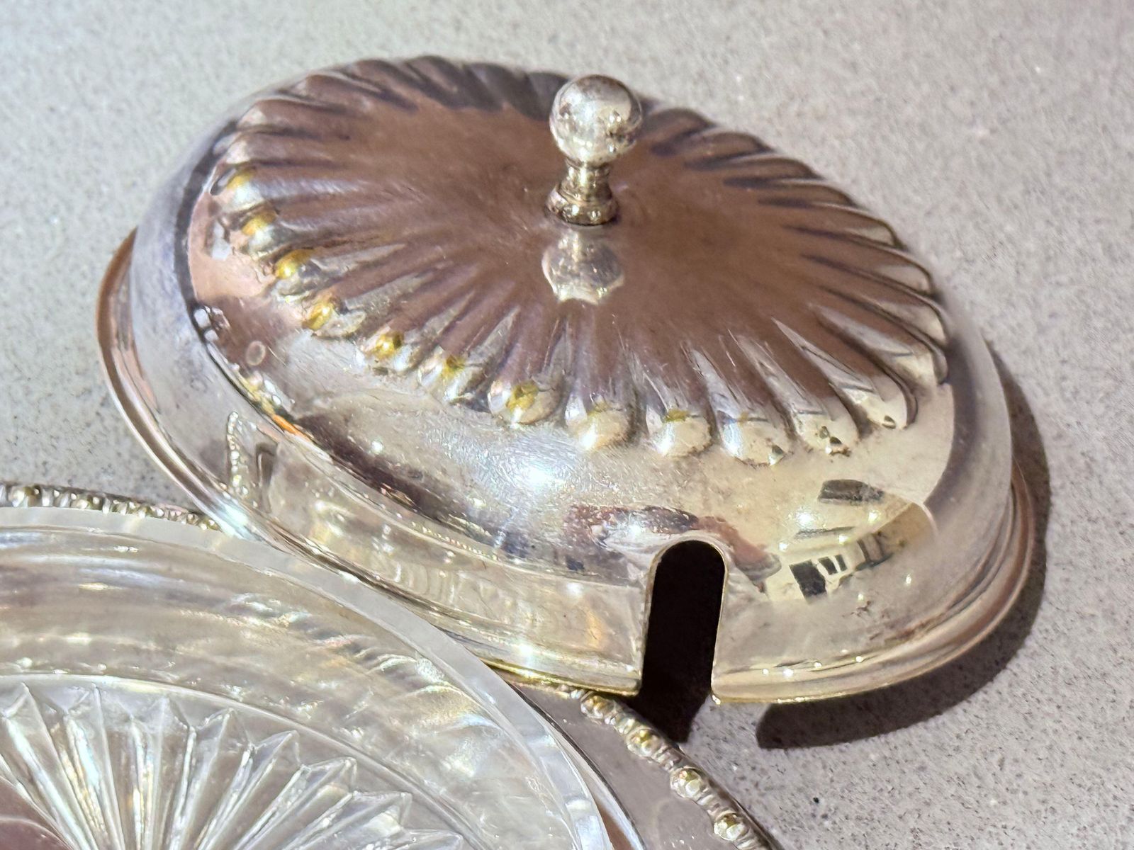 Antique Silver Butter Dish With Crystal Liner & Spoon, Elegant Vintage Tableware photo buy