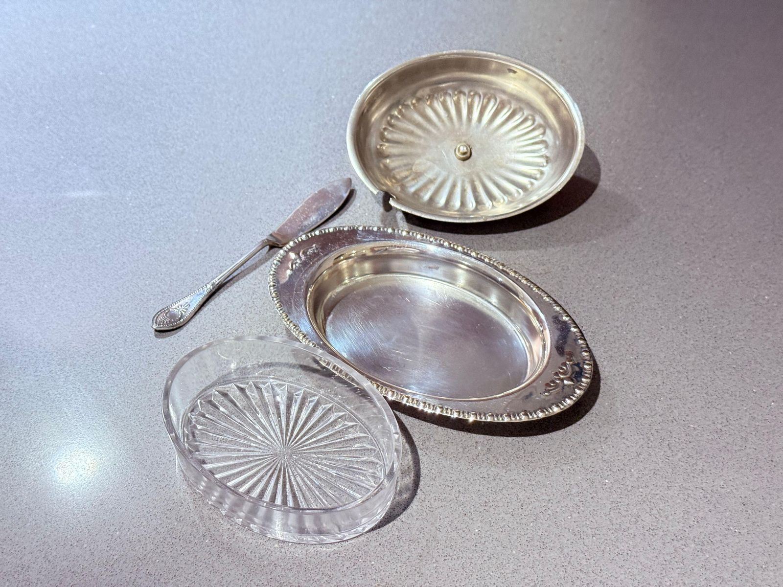 photo furniture Antique Silver Butter Dish With Crystal Liner & Spoon, Elegant Vintage Tableware