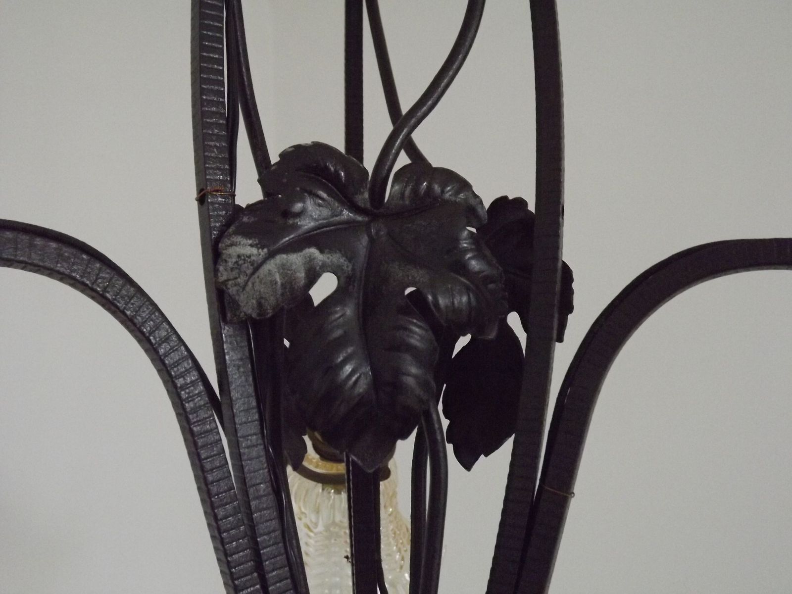 French Art Nouveau Leaf Detail Iron 3 Light Chandelier Amber Glass Shades 4001 photo Lighting