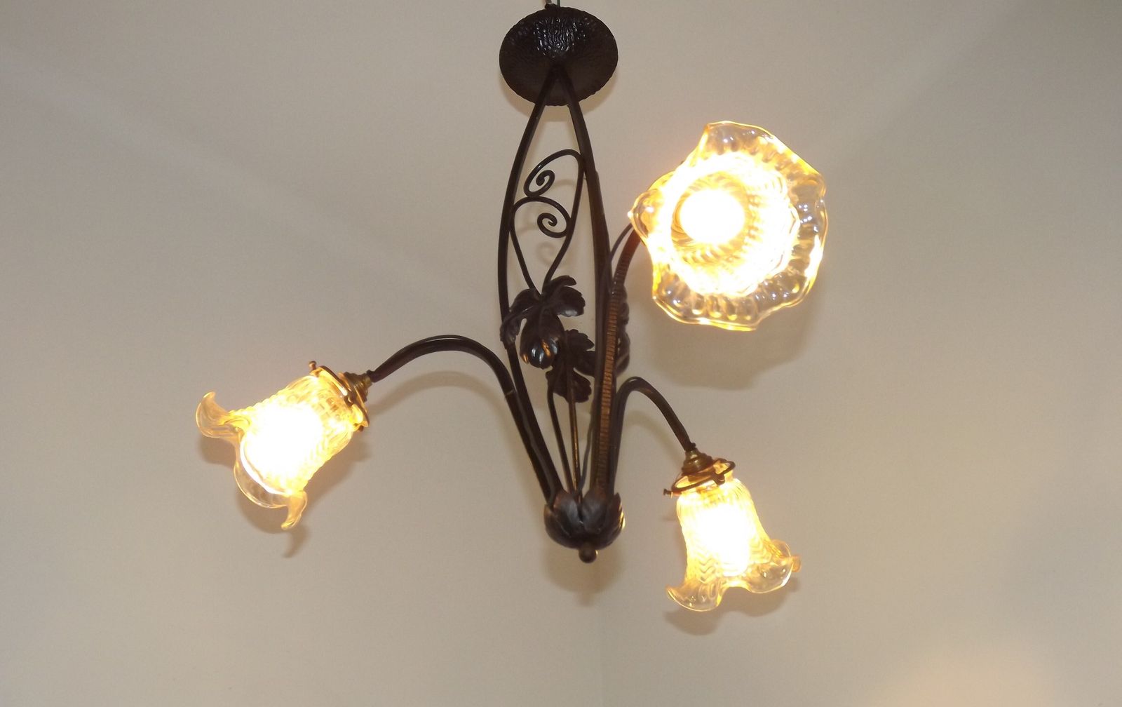 photo buy French Art Nouveau Leaf Detail Iron 3 Light Chandelier Amber Glass Shades 4001