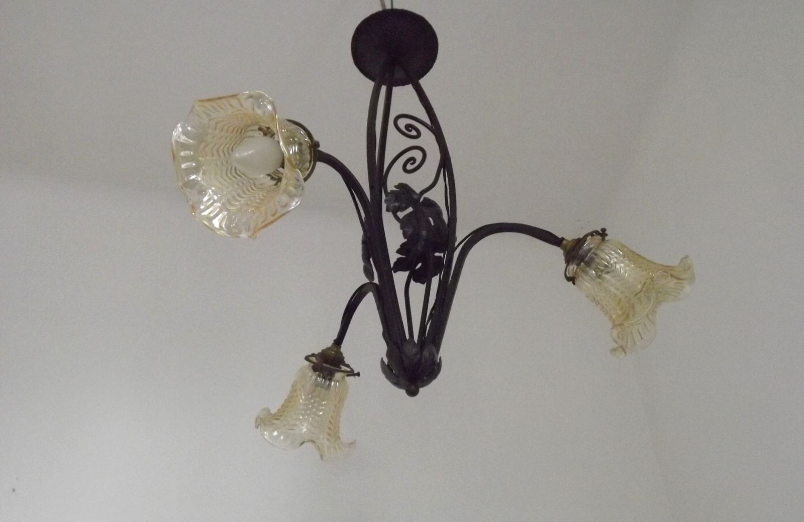 French Art Nouveau Leaf Detail Iron 3 Light Chandelier Amber Glass Shades 4001 photo buy