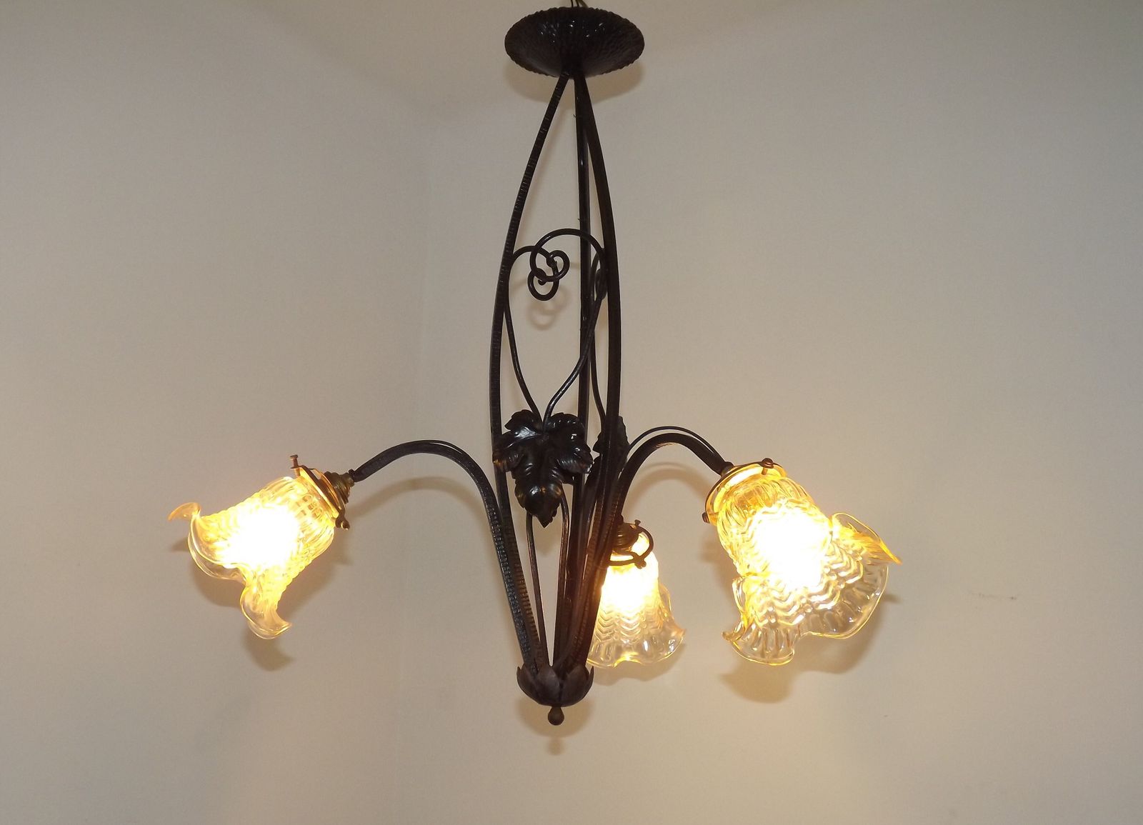 240.0 French Art Nouveau Leaf Detail Iron 3 Light Chandelier Amber Glass Shades 4001 photo
