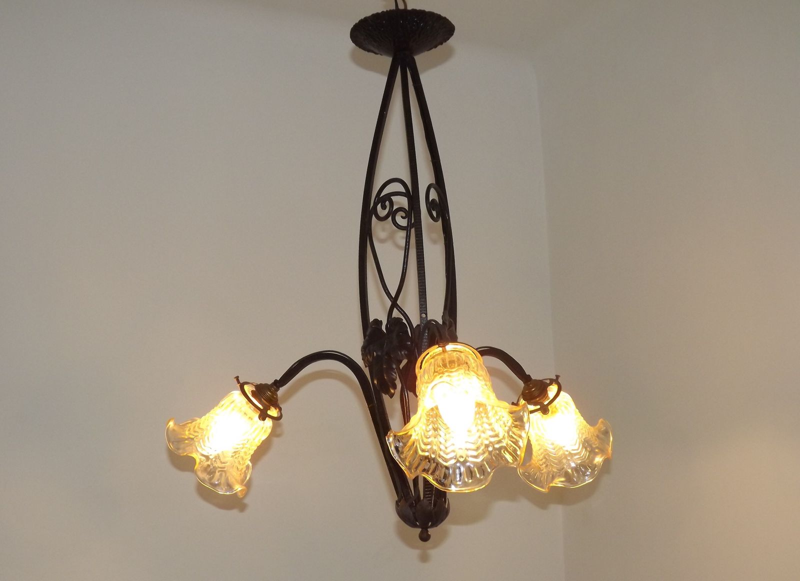 French Art Nouveau Leaf Detail Iron 3 Light Chandelier Amber Glass Shades 4001 photo furniture