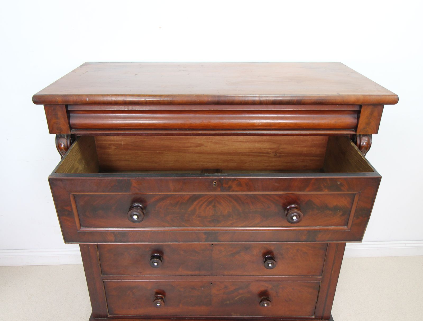 A Large Antique Scottish Kilmarnock Chest Of Drawers With Pearl Inlaid Drawer Knobs photo for sale