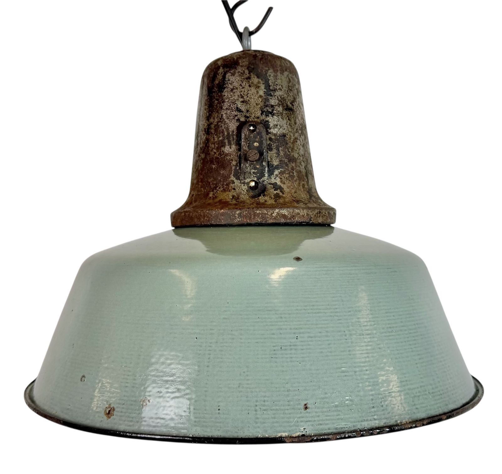 Industrial Petrol Enamel Factory Lamp With Cast Iron Top, 1960s