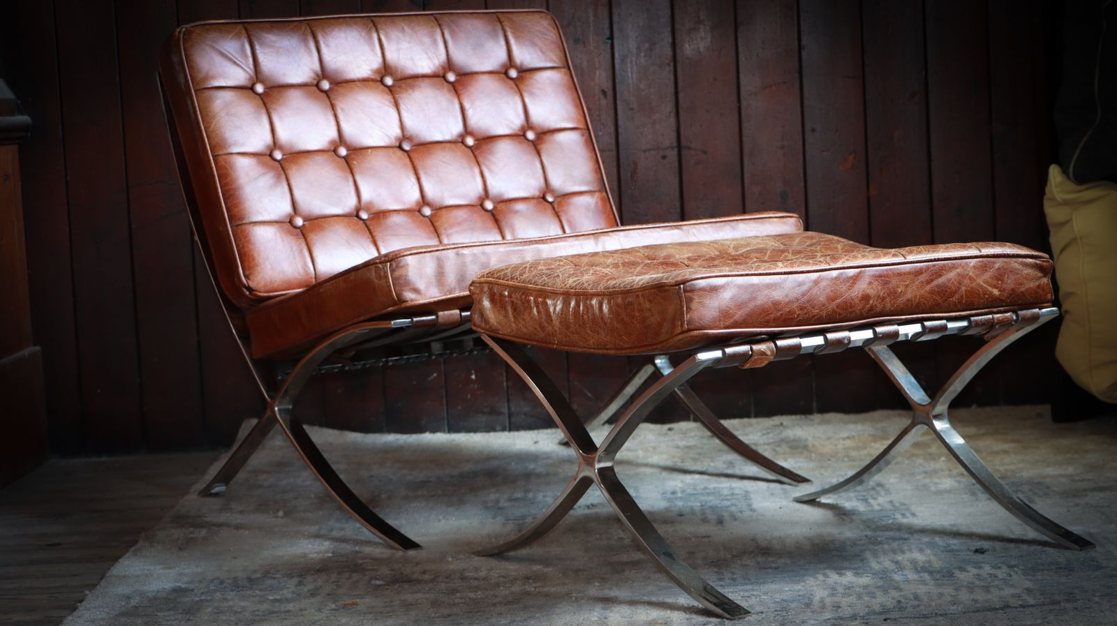 photo furniture Halo Timothy Oulton Barcelona Mies Vander Rohe Style Armchair Footstool Leather