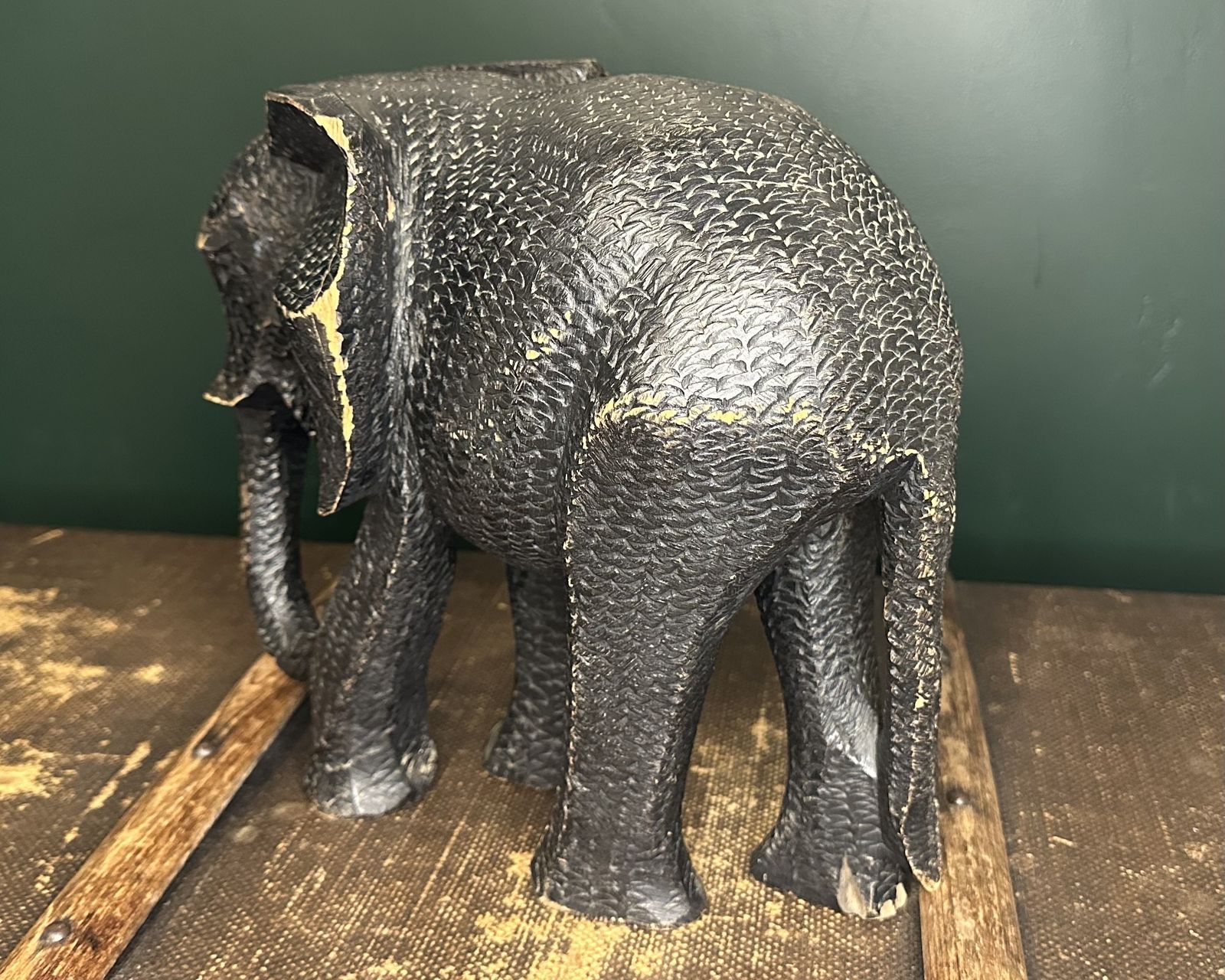 Vintage Heavy Wood Elephant Statue Hand Carved Texture