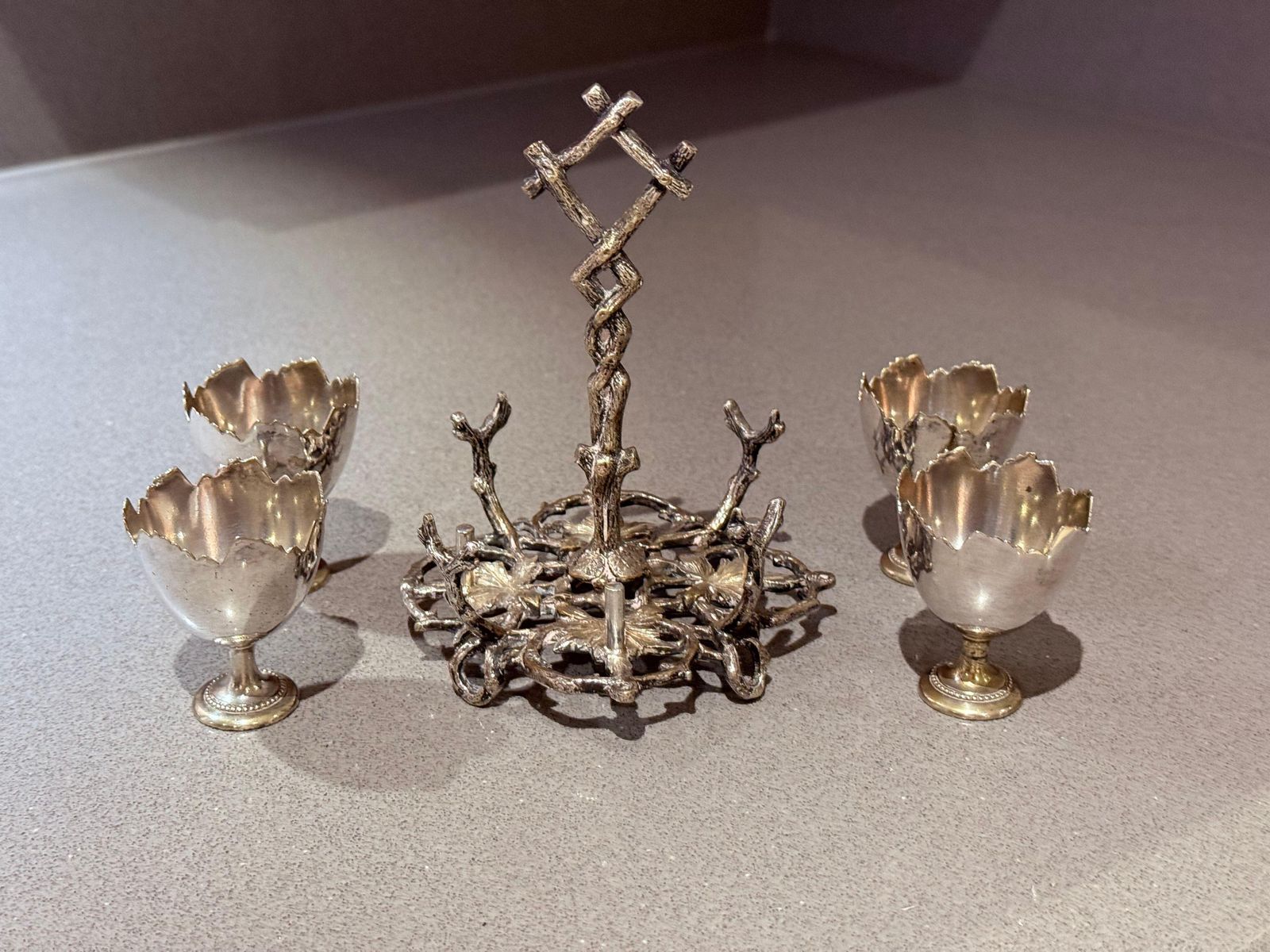 Antique Silverplated Egg Cup Stand Four Small Egg Holders Ornate Victorian Style photo vintage
