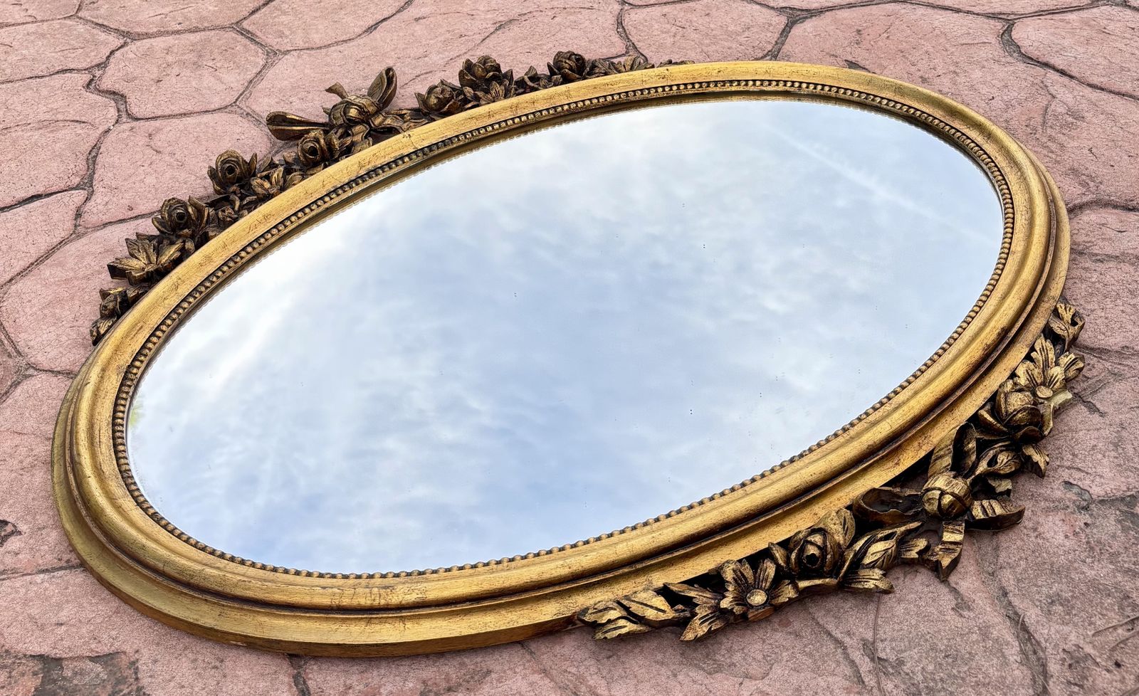 Oval Wall Mirror With Gold Frame And Floral Decoration In Louis XVI Style, Circa 1940 photo vinterior